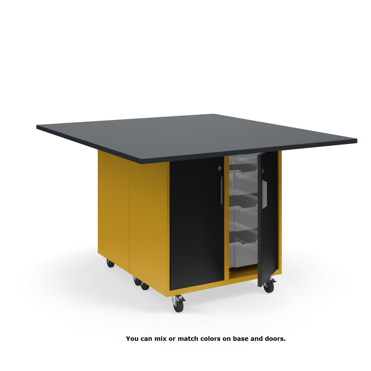 KI Ruckus Mobile Worktable, Double-Faced Tote Storage with Doors, 54" W x 60" D,  (12) 6" & (4) 3" Totes, 1" Black Phenolic Resin Top, FREE SHIPPING