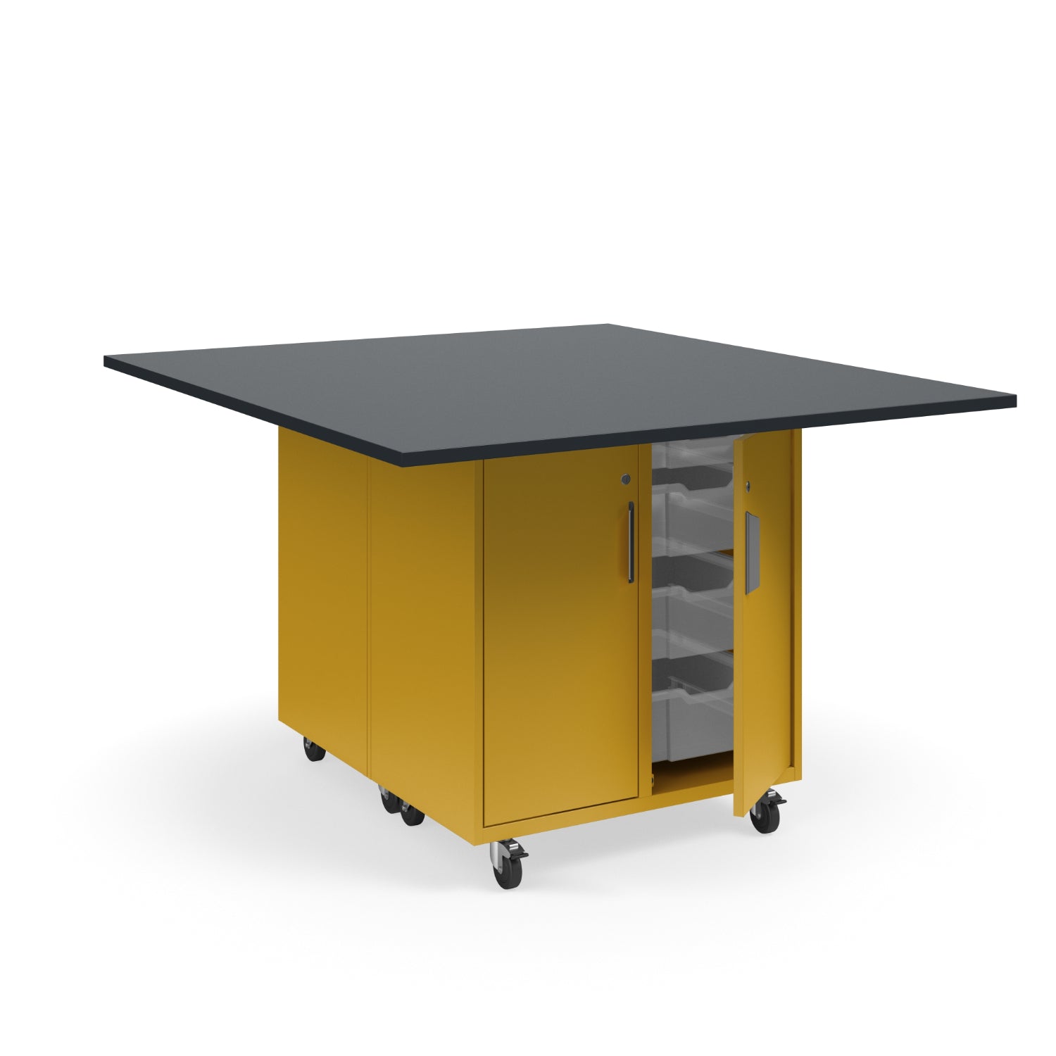 KI Ruckus Mobile Worktable, Double-Faced Tote Storage with Doors, 54" W x 60" D,  (12) 6" & (4) 3" Totes, 1" Black Phenolic Resin Top, FREE SHIPPING