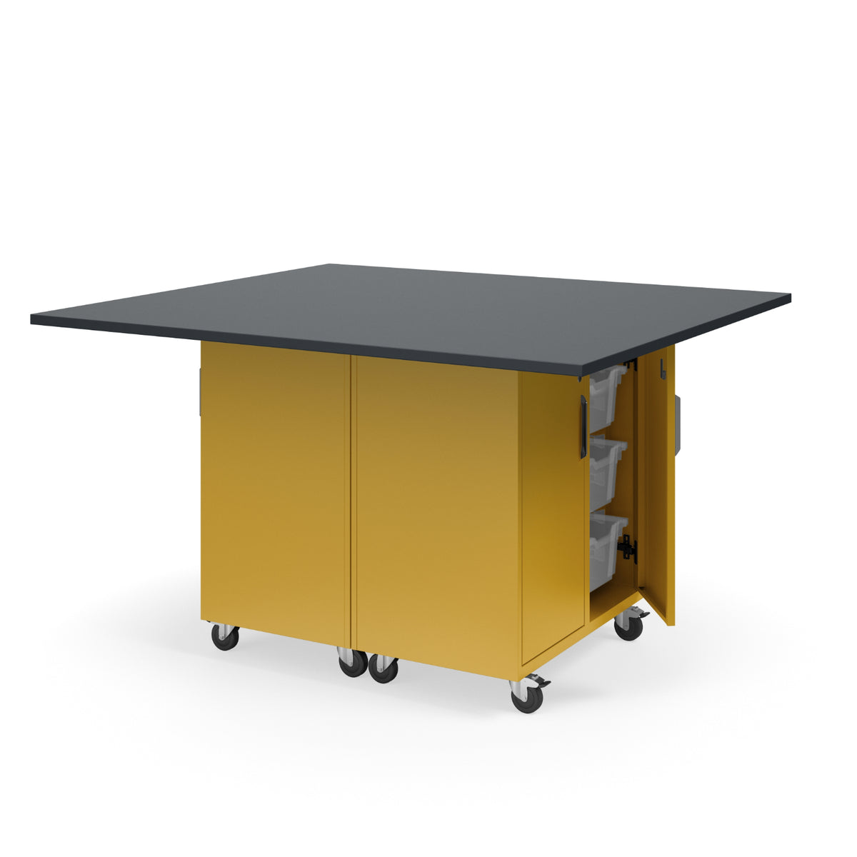 KI Ruckus Mobile Worktable, Double-Faced Tote Storage with Doors, 54" W x 60" D,  (12) 6" & (4) 3" Totes, 1" Black Phenolic Resin Top, FREE SHIPPING