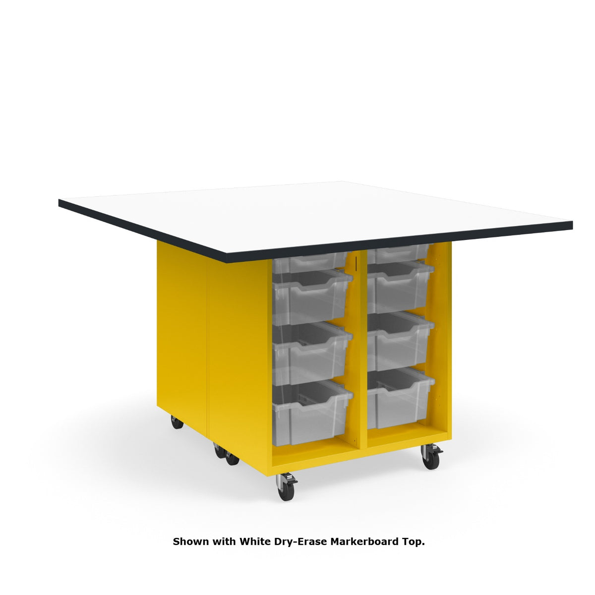 KI Ruckus Mobile Worktable, Double-Faced Open Tote Storage, 54" W x 60" D, (12) 6" & (4) 3" Totes, 1-1/4" Laminate Top, FREE SHIPPING