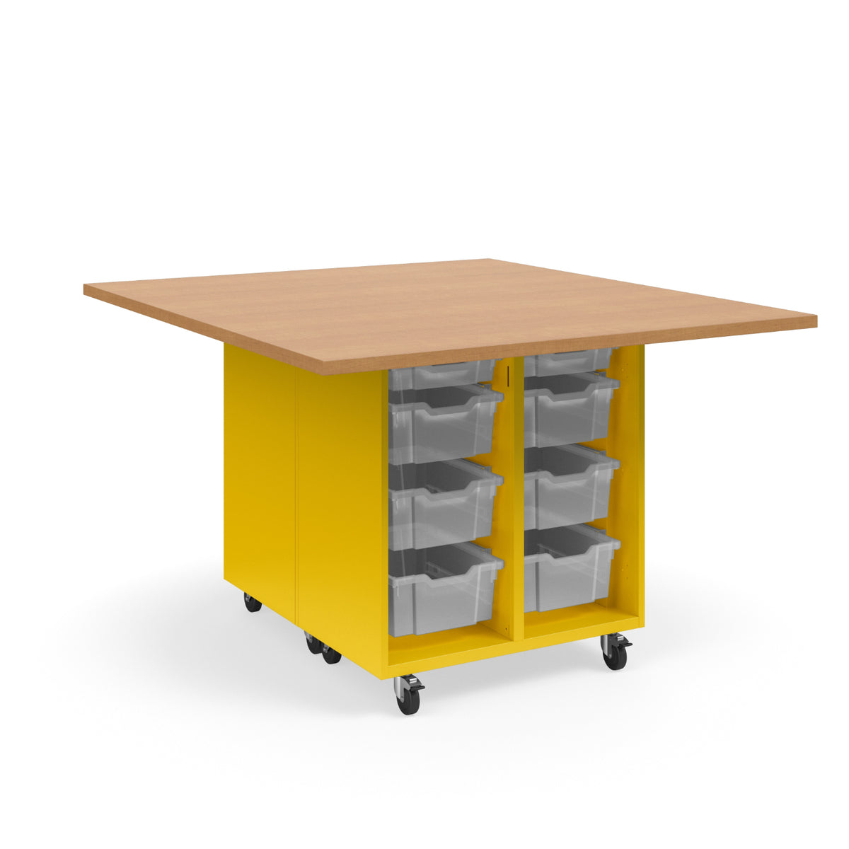 KI Ruckus Mobile Worktable, Double-Faced Open Tote Storage, 54" W x 60" D, (12) 6" & (4) 3" Totes, 1-1/4" Laminate Top, FREE SHIPPING