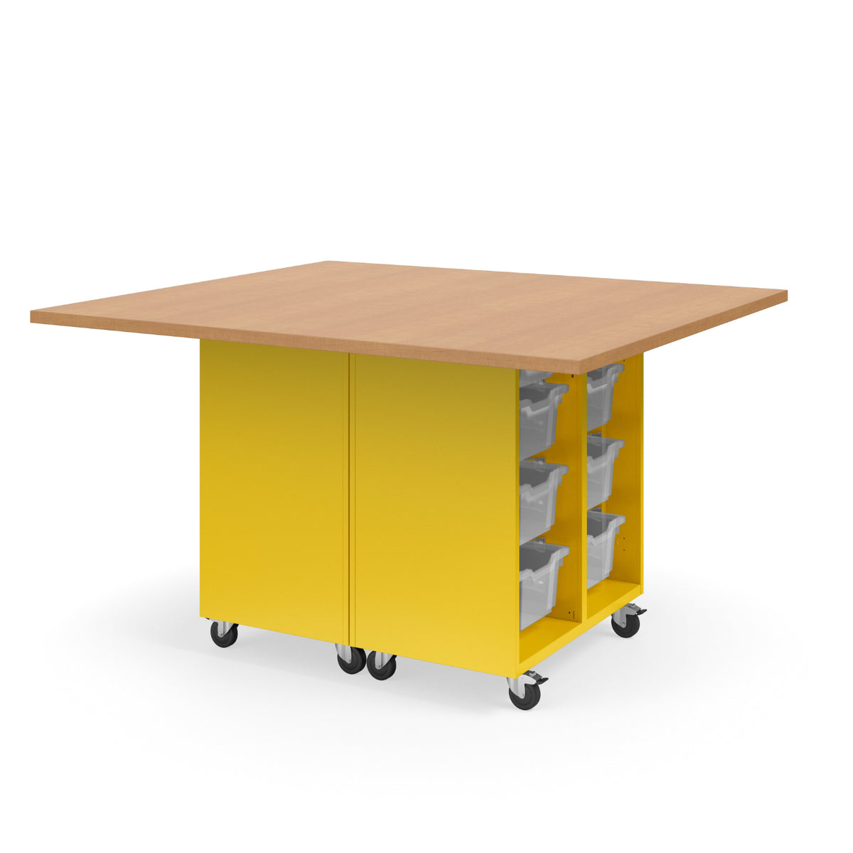 KI Ruckus Mobile Worktable, Double-Faced Open Tote Storage, 54" W x 60" D, (12) 6" & (4) 3" Totes, 1-1/4" Laminate Top, FREE SHIPPING