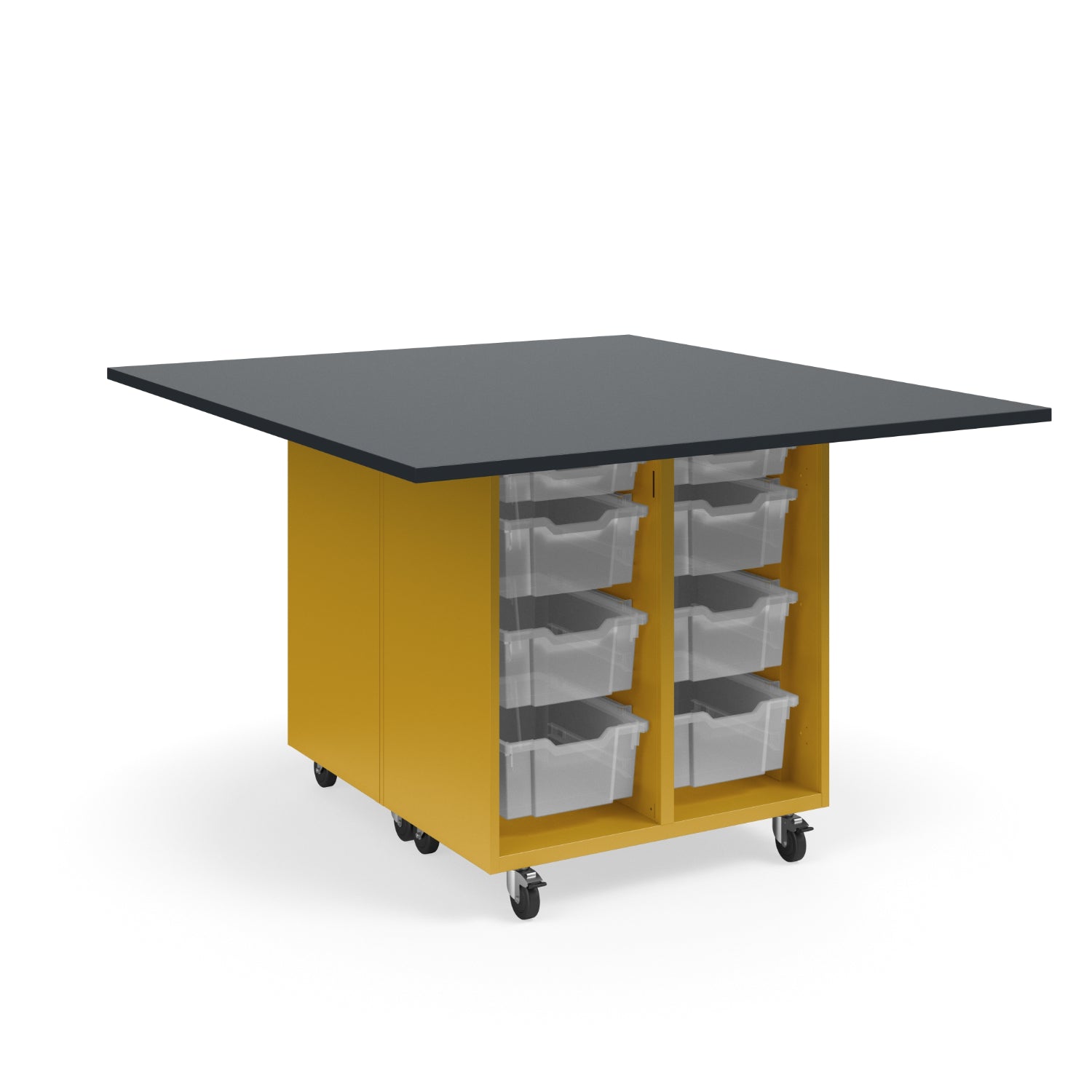 KI Ruckus Mobile Worktable, Double-Faced Open Tote Storage, 54" W x 60" D, (12) 6" & (4) 3" Totes, 1" Black Phenolic Resin Top, FREE SHIPPING