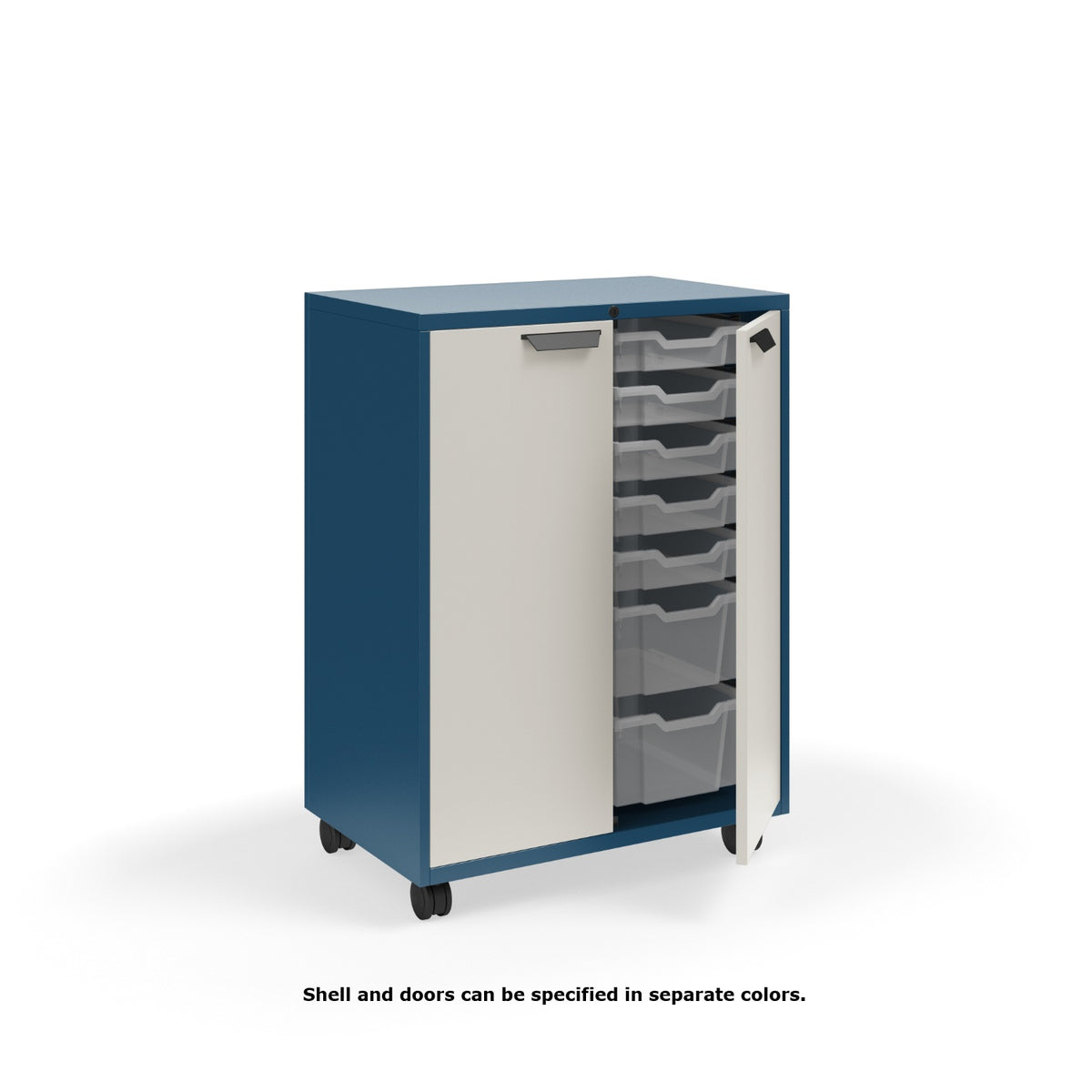 KI Ruckus Tote Storage, Tall 2-Column Unit with Doors and (10) 3" Totes and (4) 6" Totes, FREE SHIPPING