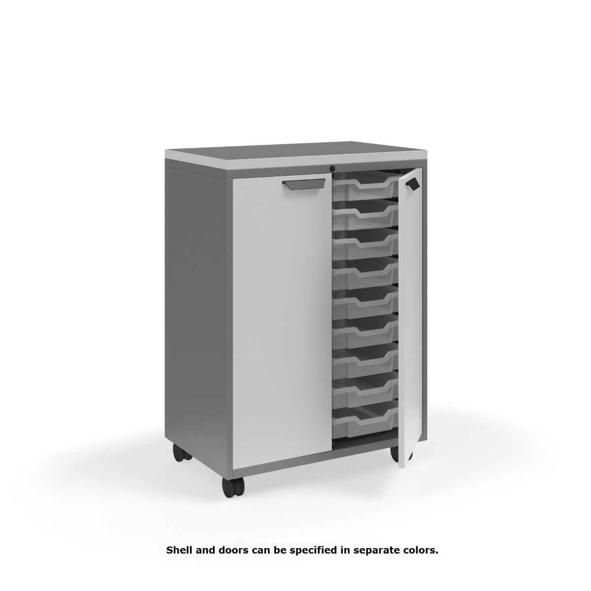 KI Ruckus Tote Storage with Laminate Top, Tall 2-Column Unit with Doors and (18) 3" Totes, FREE SHIPPING