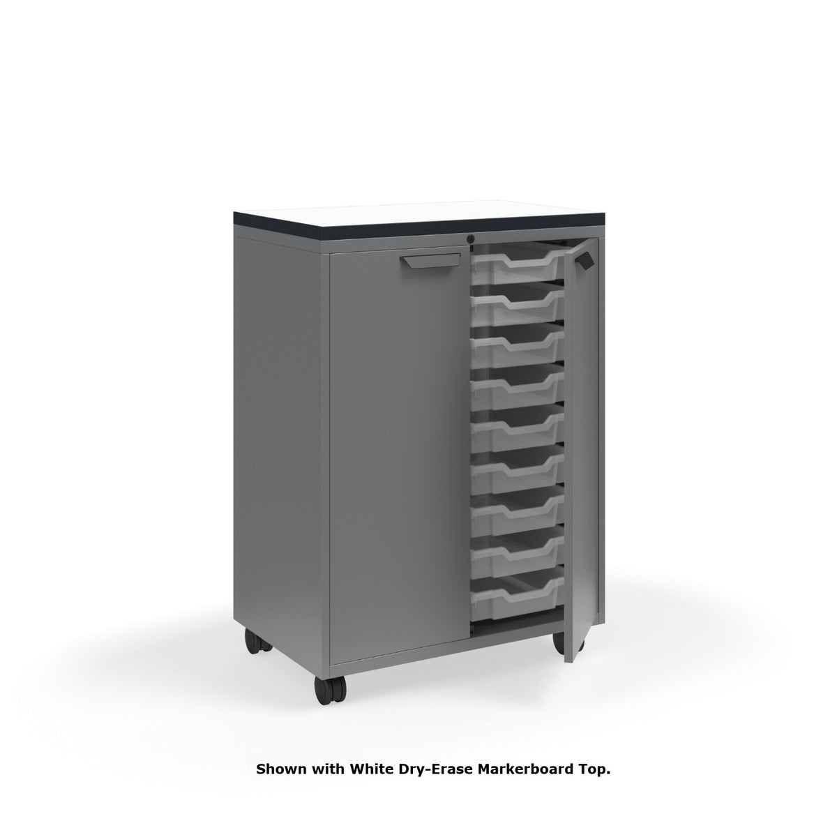 KI Ruckus Tote Storage with Laminate Top, Tall 2-Column Unit with Doors and (18) 3" Totes, FREE SHIPPING
