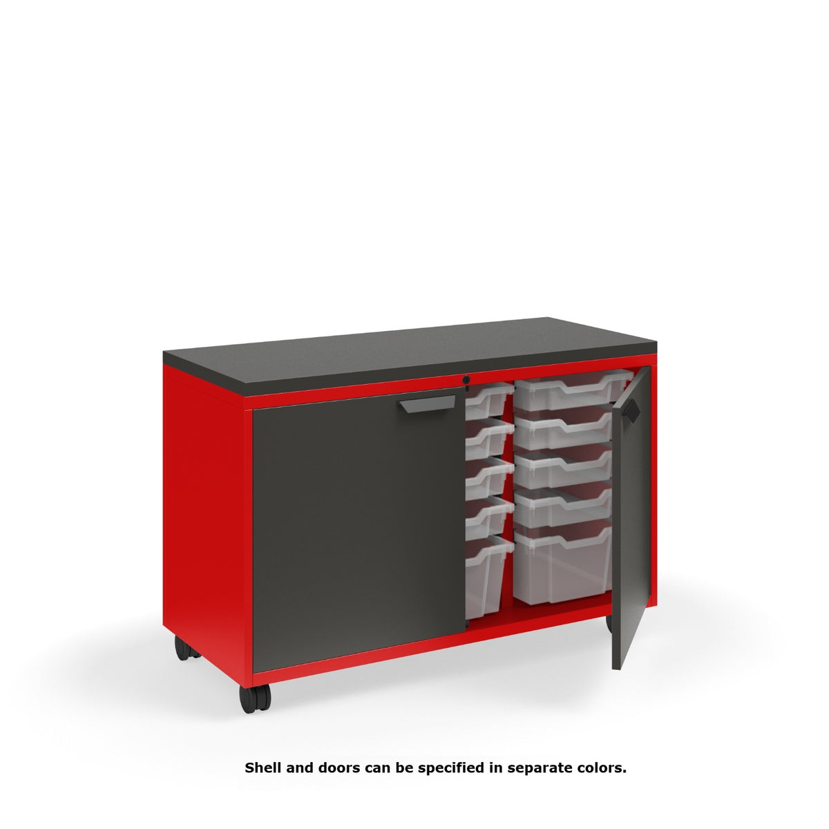 KI Ruckus Tote Storage with Laminate Top, Short 3-Column Unit with Doors and (12) 3" Totes and (3) 6" Totes, FREE SHIPPING