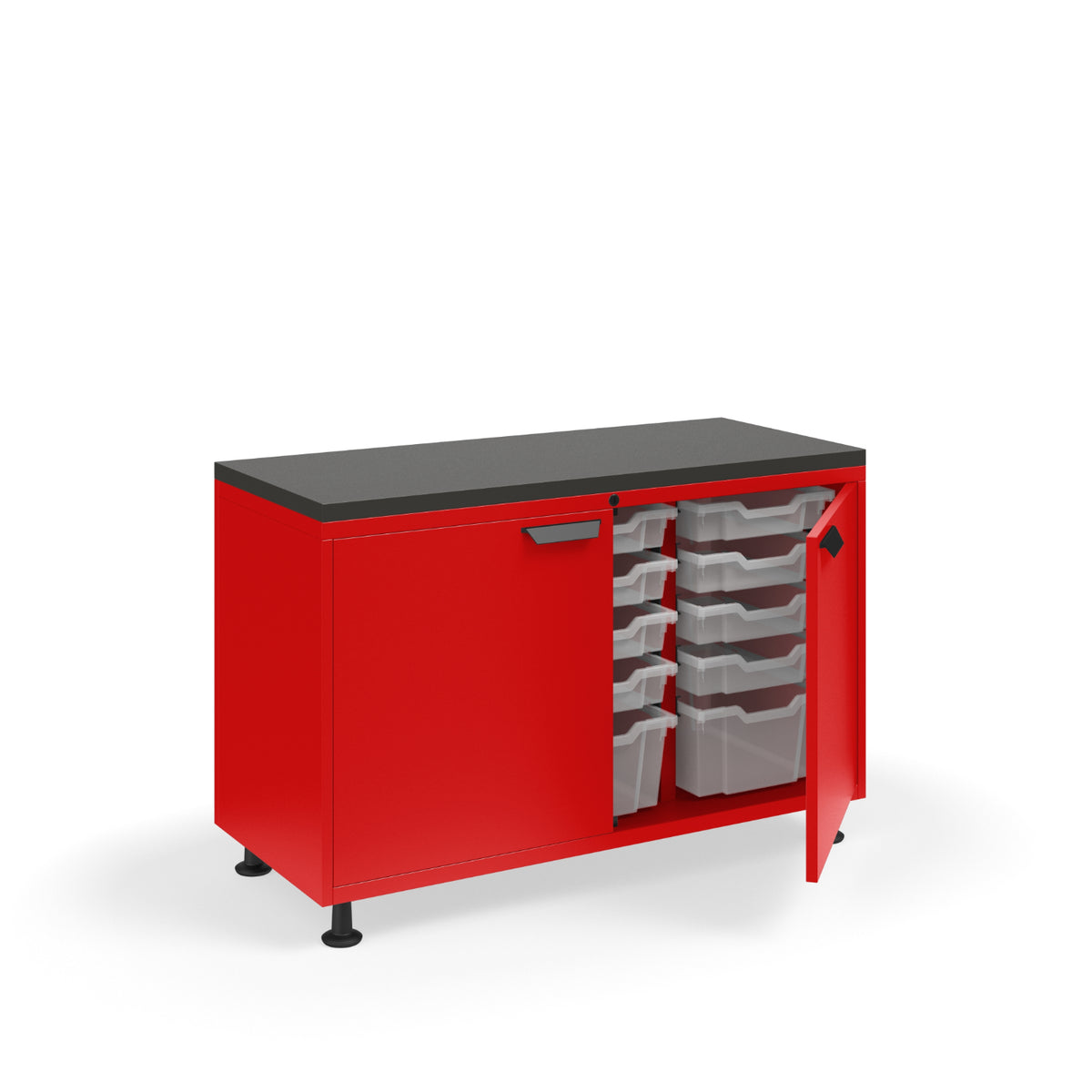 KI Ruckus Tote Storage with Laminate Top, Short 3-Column Unit with Doors and (12) 3" Totes and (3) 6" Totes, FREE SHIPPING