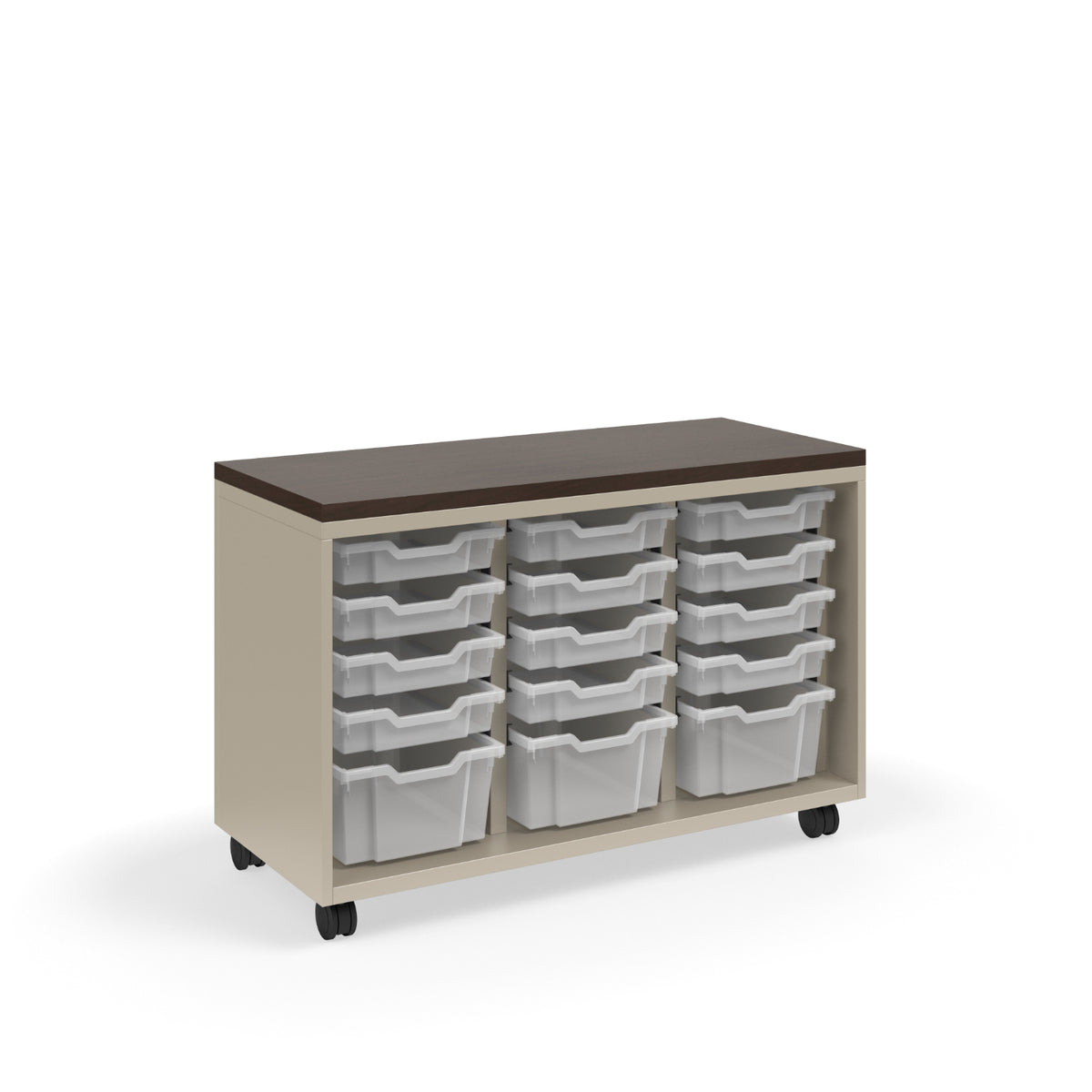 KI Ruckus Tote Storage with Laminate Top, Short 3-Column Open Unit with (12) 3" Totes and (3) 6" Totes, FREE SHIPPING