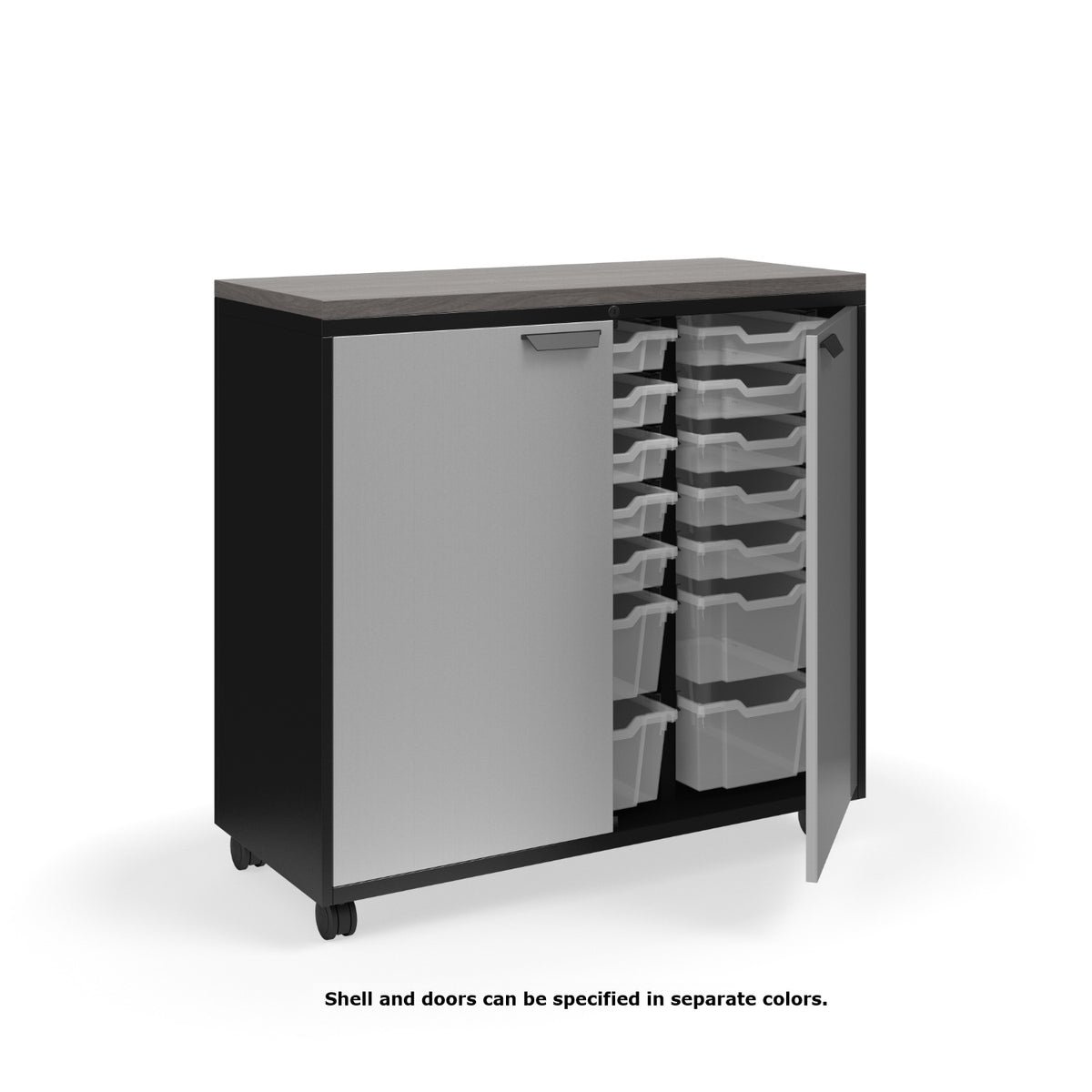 KI Ruckus Tote Storage with Laminate Top, Tall 3-Column Unit with Doors (15) 3" Totes and (6) 6" Totes, FREE SHIPPING