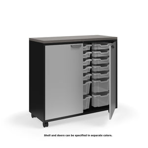 Ruckus Tote Storage with Laminate Top, Tall 3-Column Unit with Doors (15) 3" Totes and (6) 6" Totes, FREE SHIPPING