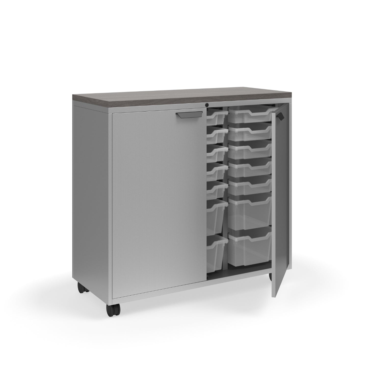 Ruckus Tote Storage with Laminate Top, Tall 3-Column Unit with Doors (15) 3" Totes and (6) 6" Totes, FREE SHIPPING