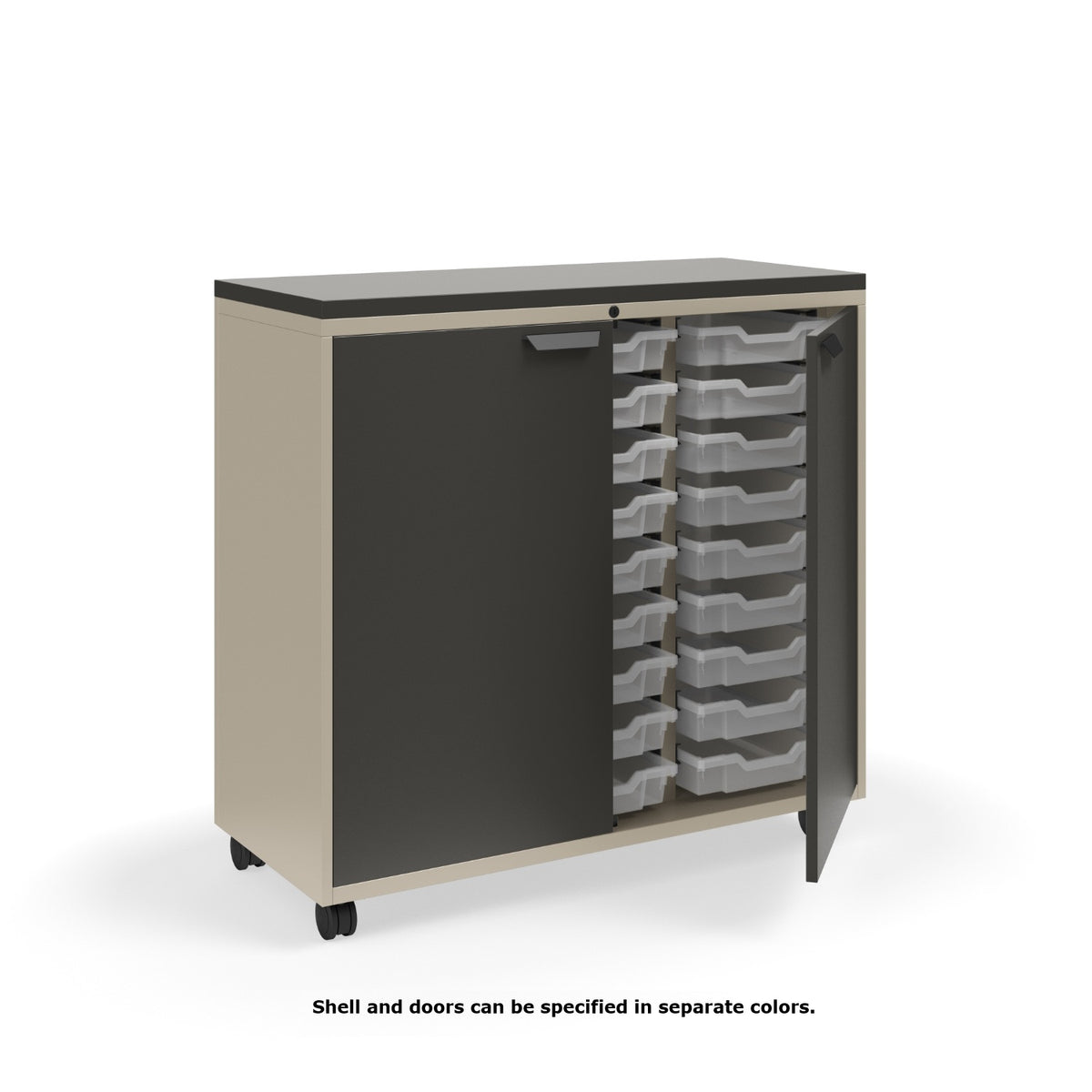 KI Ruckus Tote Storage with Laminate Top, Tall 3-Column Unit with Doors and (27) 3" Totes, FREE SHIPPING