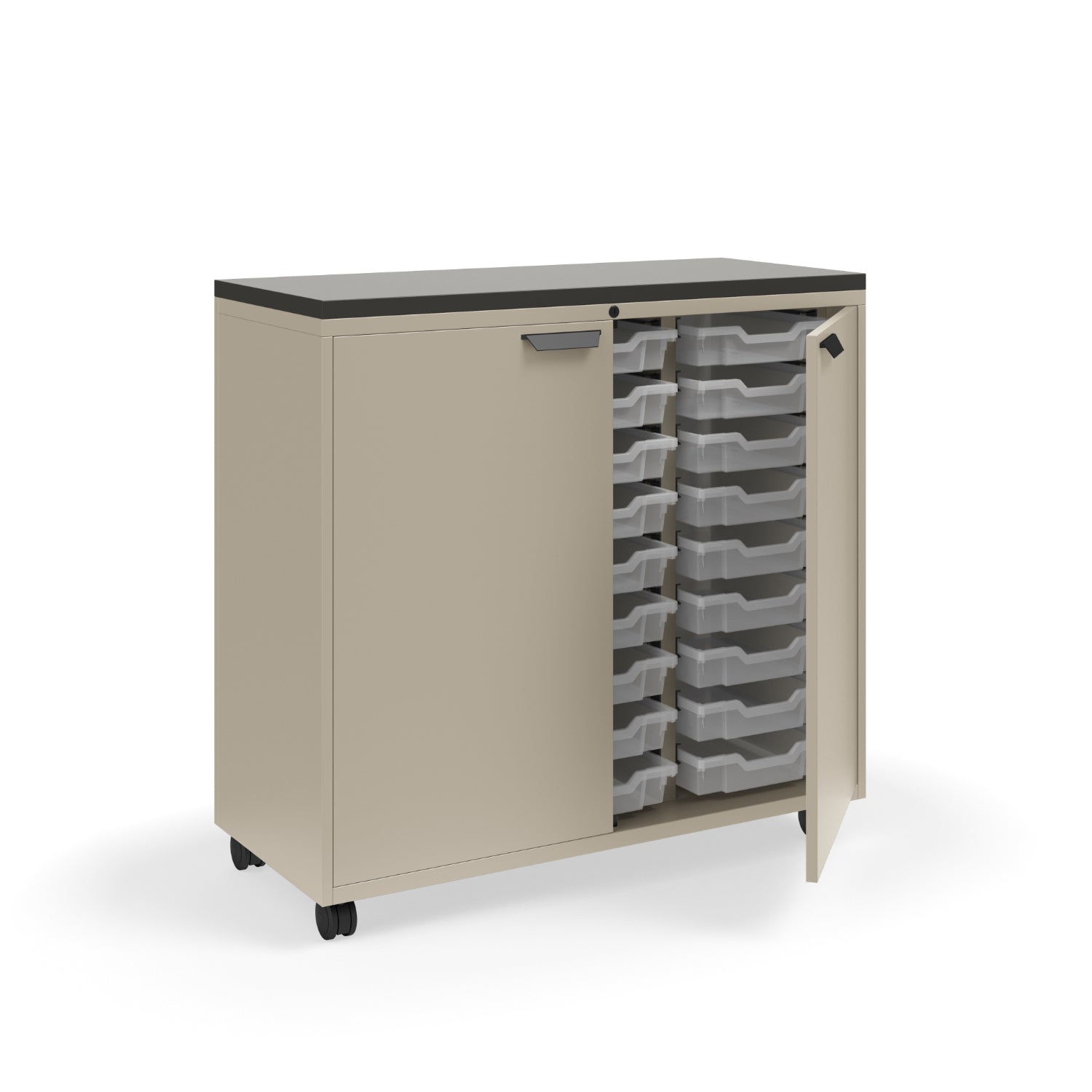 Ruckus Tote Storage with Laminate Top, Tall 3-Column Unit with Doors and (27) 3" Totes, FREE SHIPPING