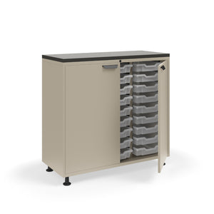Ruckus Tote Storage with Laminate Top, Tall 3-Column Unit with Doors and (27) 3" Totes, FREE SHIPPING