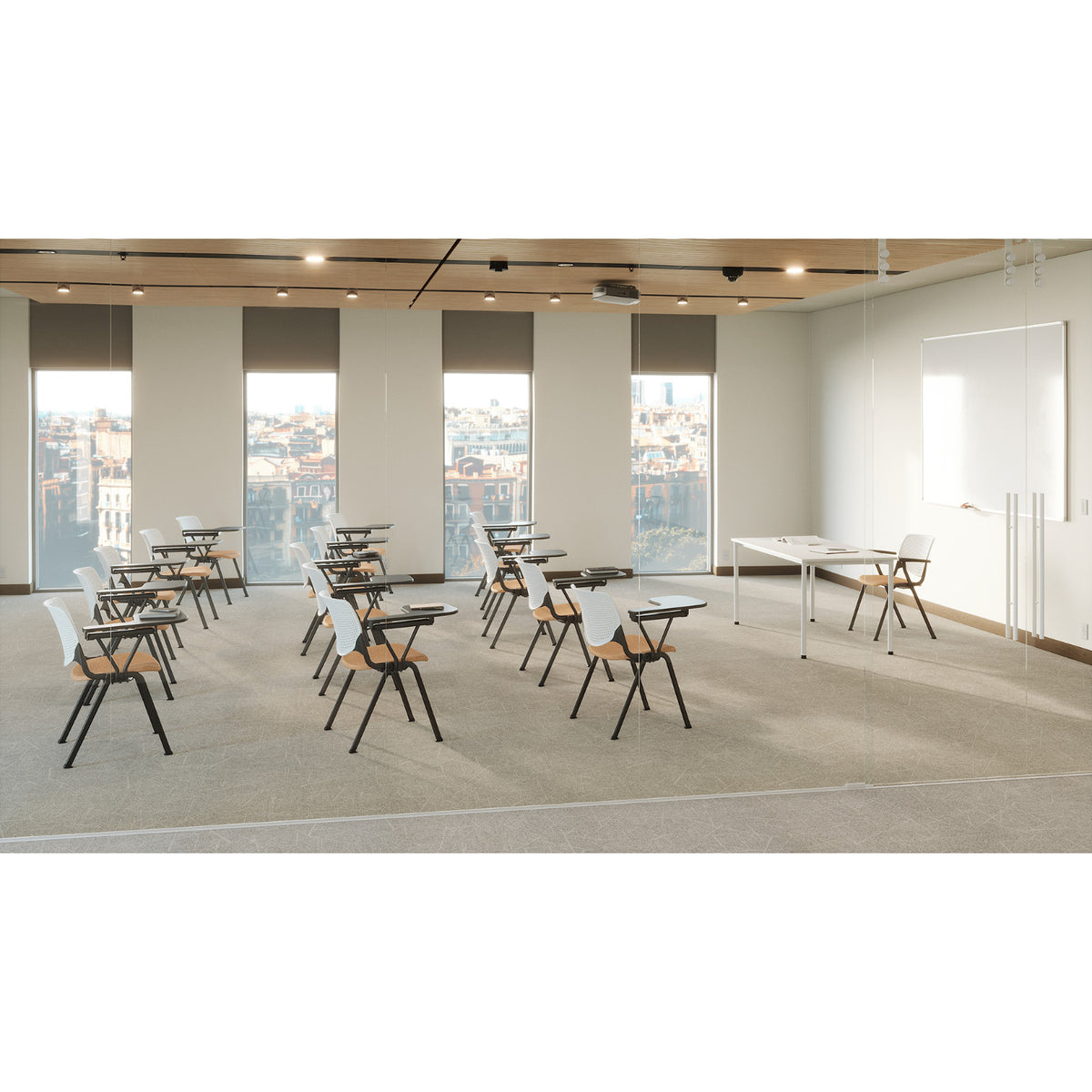 Kool Tablet Arm Multi-Purpose Stack Chair with Casters, Plastic Back, Antimicrobial Vinyl Seat