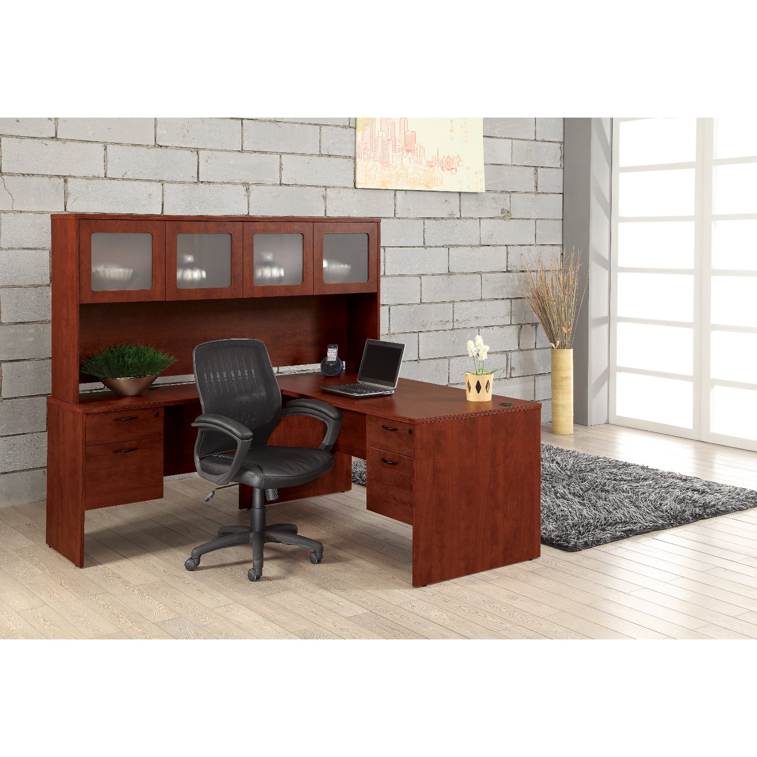 Lodi L-Shape with Wood/Glass Door Hutch, 66" x 72"