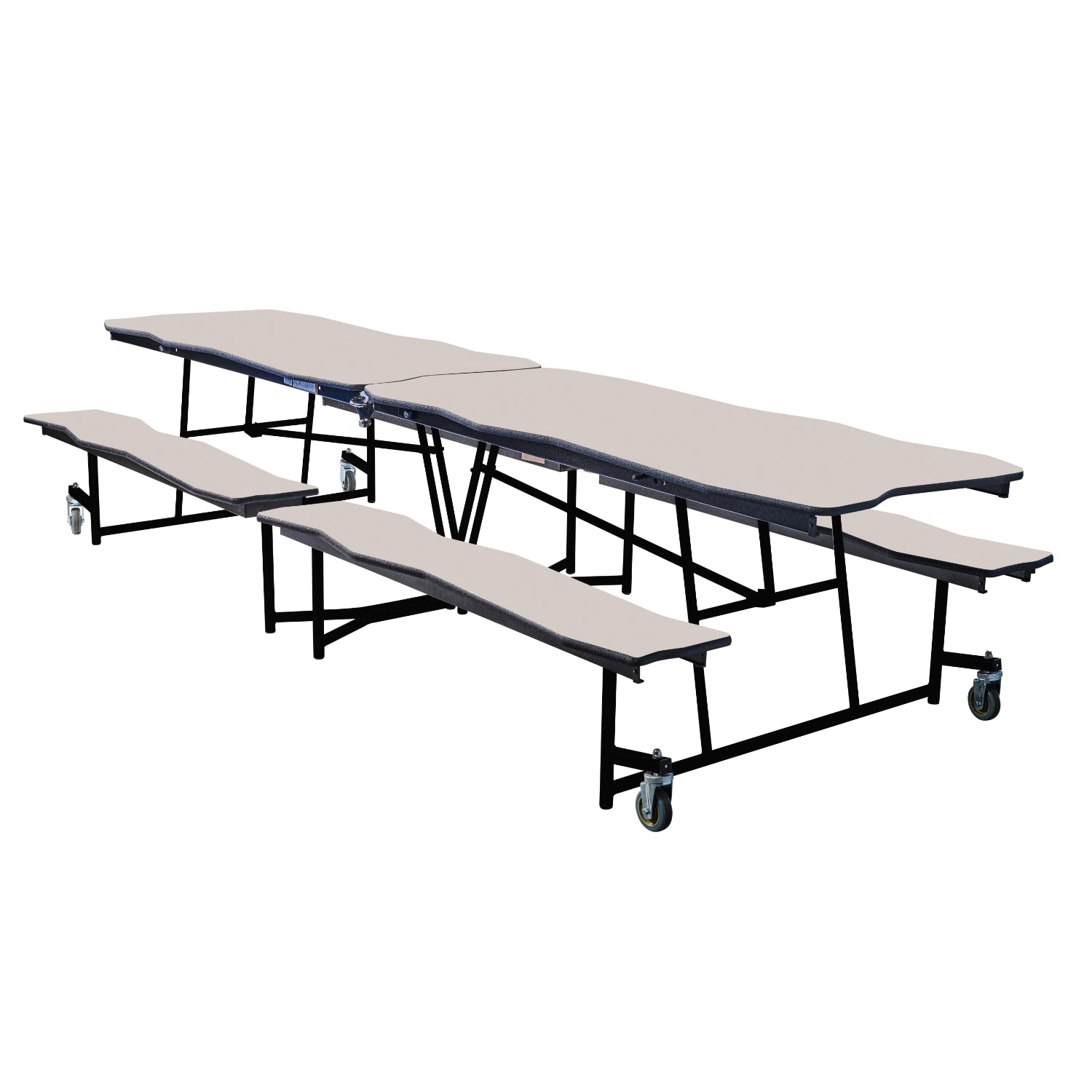 Mobile Cafeteria Table with Benches, 10' Bedrock, Plywood Core, Vinyl T-Mold Edge, Textured Black Frame