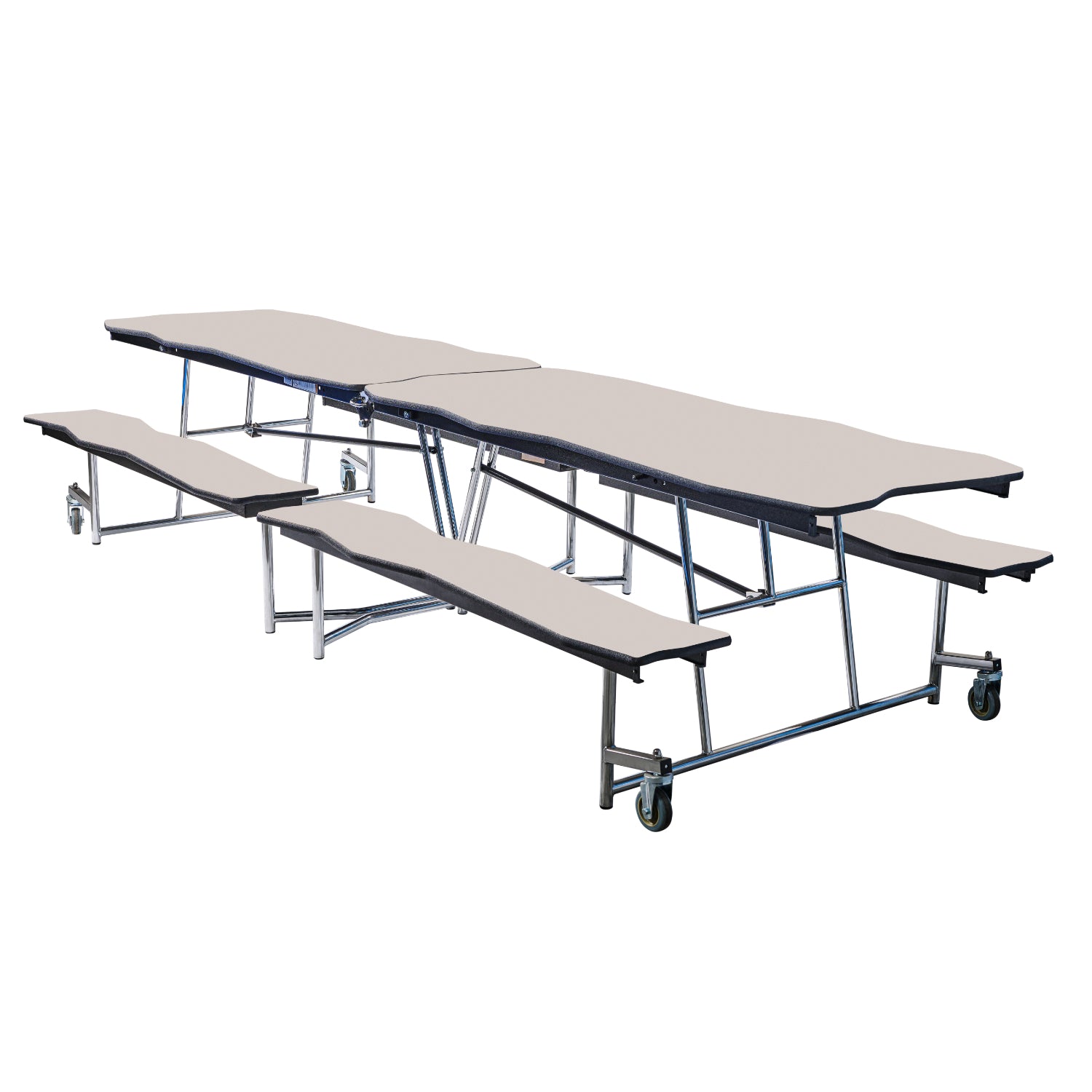 Mobile Cafeteria Table with Benches, 12' Bedrock, MDF Core, Black ProtectEdge, Chrome Frame