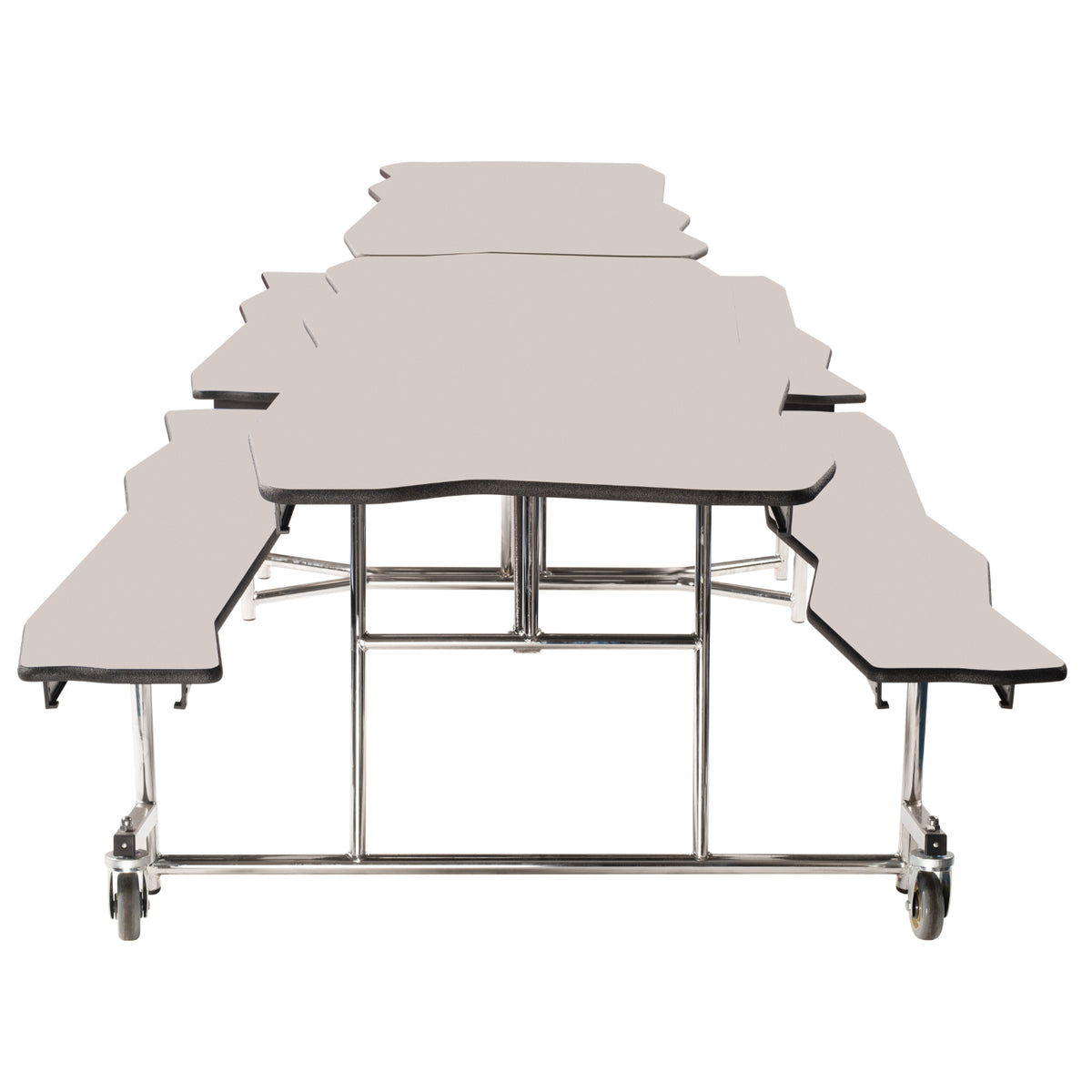 Mobile Cafeteria Table with Benches, 12' Bedrock, MDF Core, Black ProtectEdge, Chrome Frame