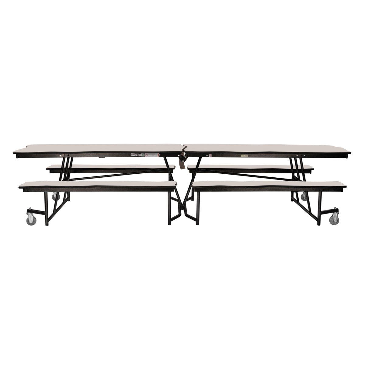 Mobile Cafeteria Table with Benches, 12' Bedrock, Particleboard Core, Vinyl T-Mold Edge, Textured Black Frame