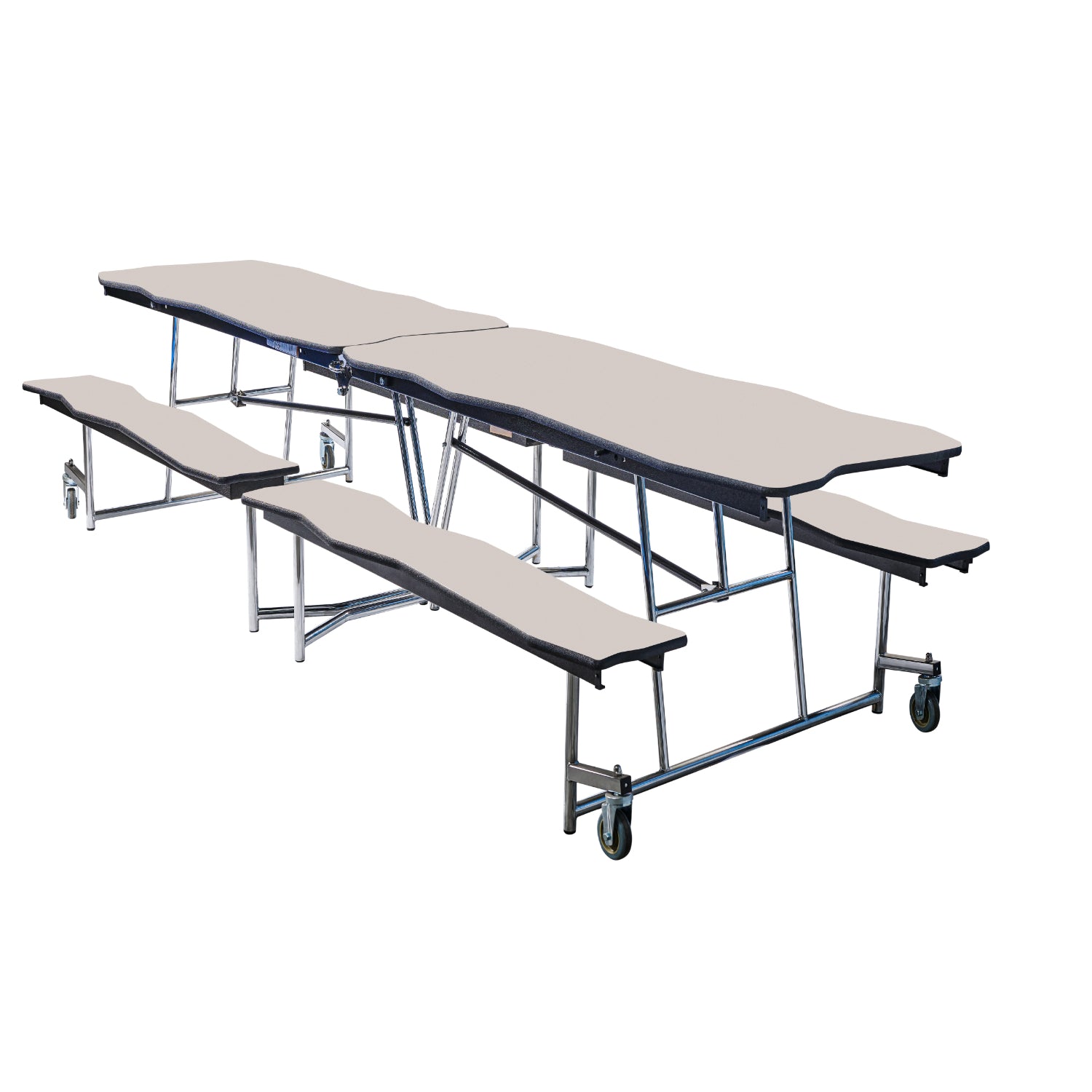 Mobile Cafeteria Table with Benches, 8' Bedrock, Particleboard Core, Vinyl T-Mold Edge, Chrome Frame