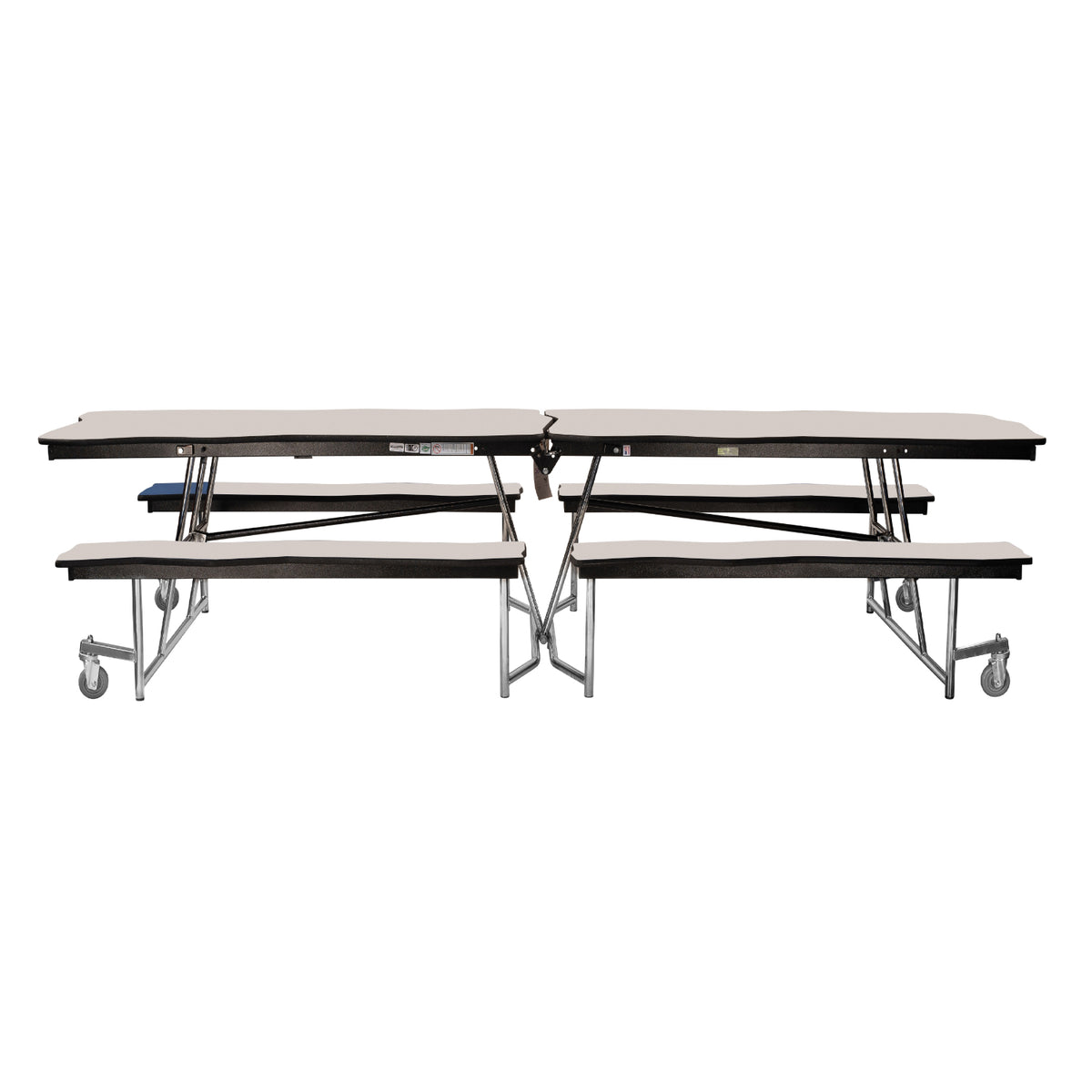 Mobile Cafeteria Table with Benches, 8' Bedrock, Particleboard Core, Vinyl T-Mold Edge, Chrome Frame