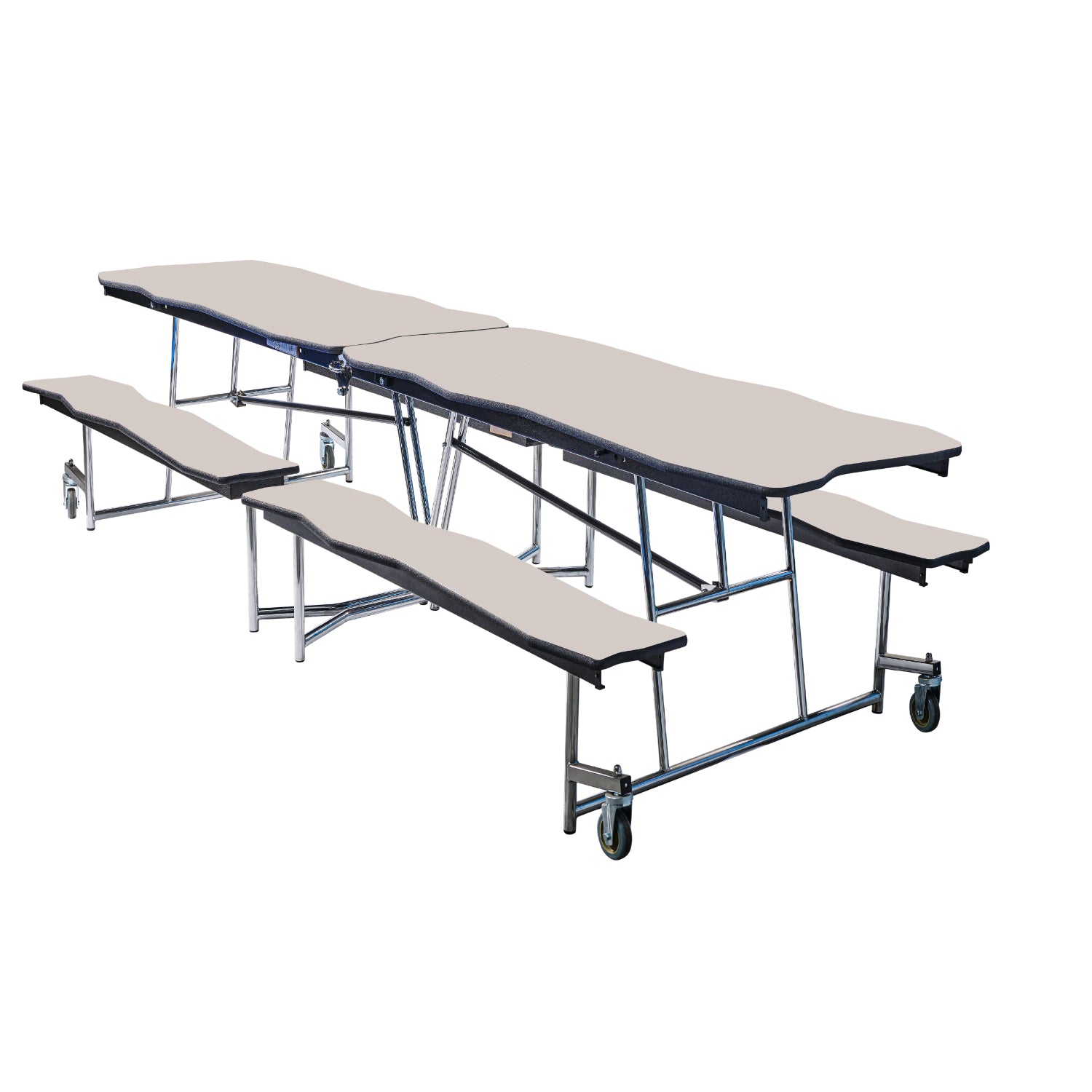 Mobile Cafeteria Table with Benches, 8' Bedrock, Plywood Core, Vinyl T-Mold Edge, Chrome Frame