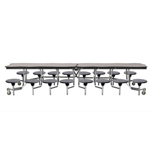 Mobile Cafeteria Table with 16 Stools, 12' Bedrock, MDF Core, Black ProtectEdge, Chrome Frame