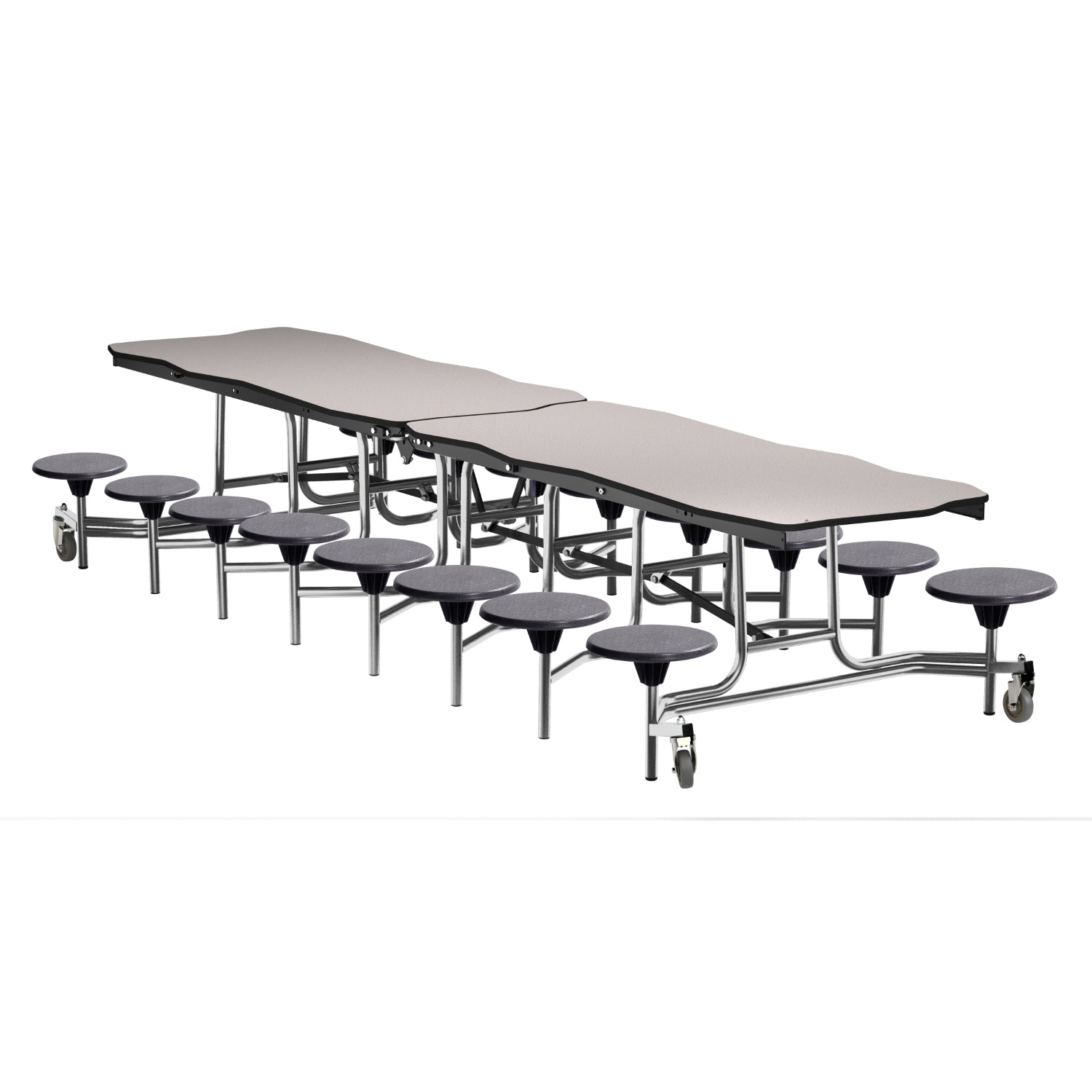 Mobile Cafeteria Table with 16 Stools, 12' Bedrock, MDF Core, Black ProtectEdge, Chrome Frame