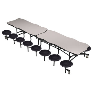 Mobile Cafeteria Table with 16 Stools, 12' Bedrock, MDF Core, Black ProtectEdge, Textured Black Frame