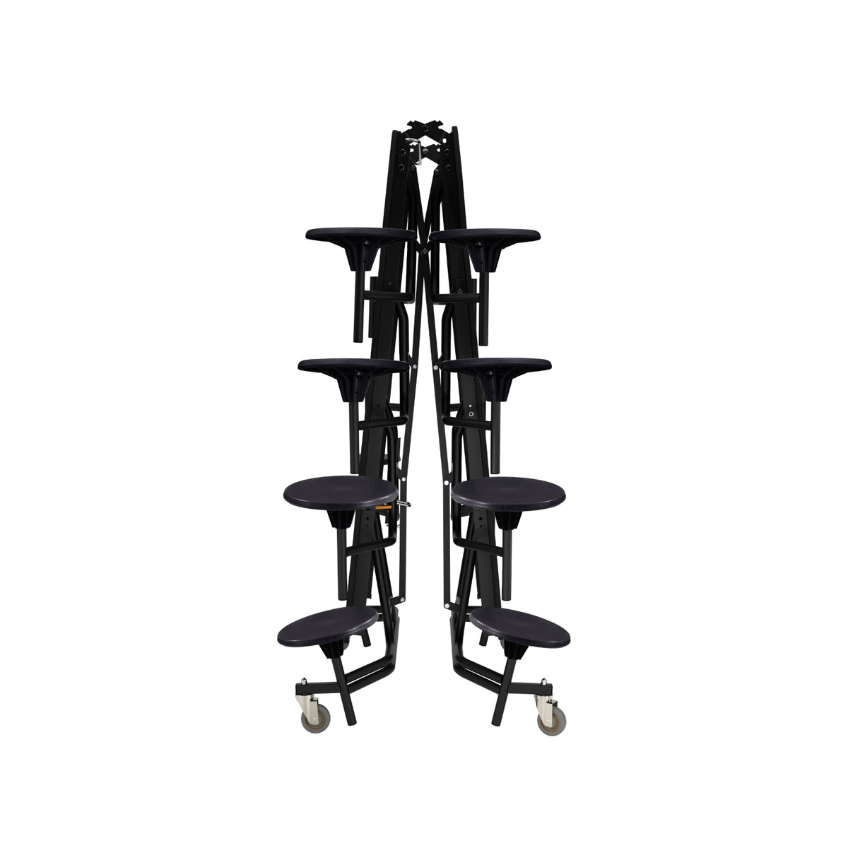 Mobile Cafeteria Table with 16 Stools, 12' Bedrock, MDF Core, Black ProtectEdge, Textured Black Frame