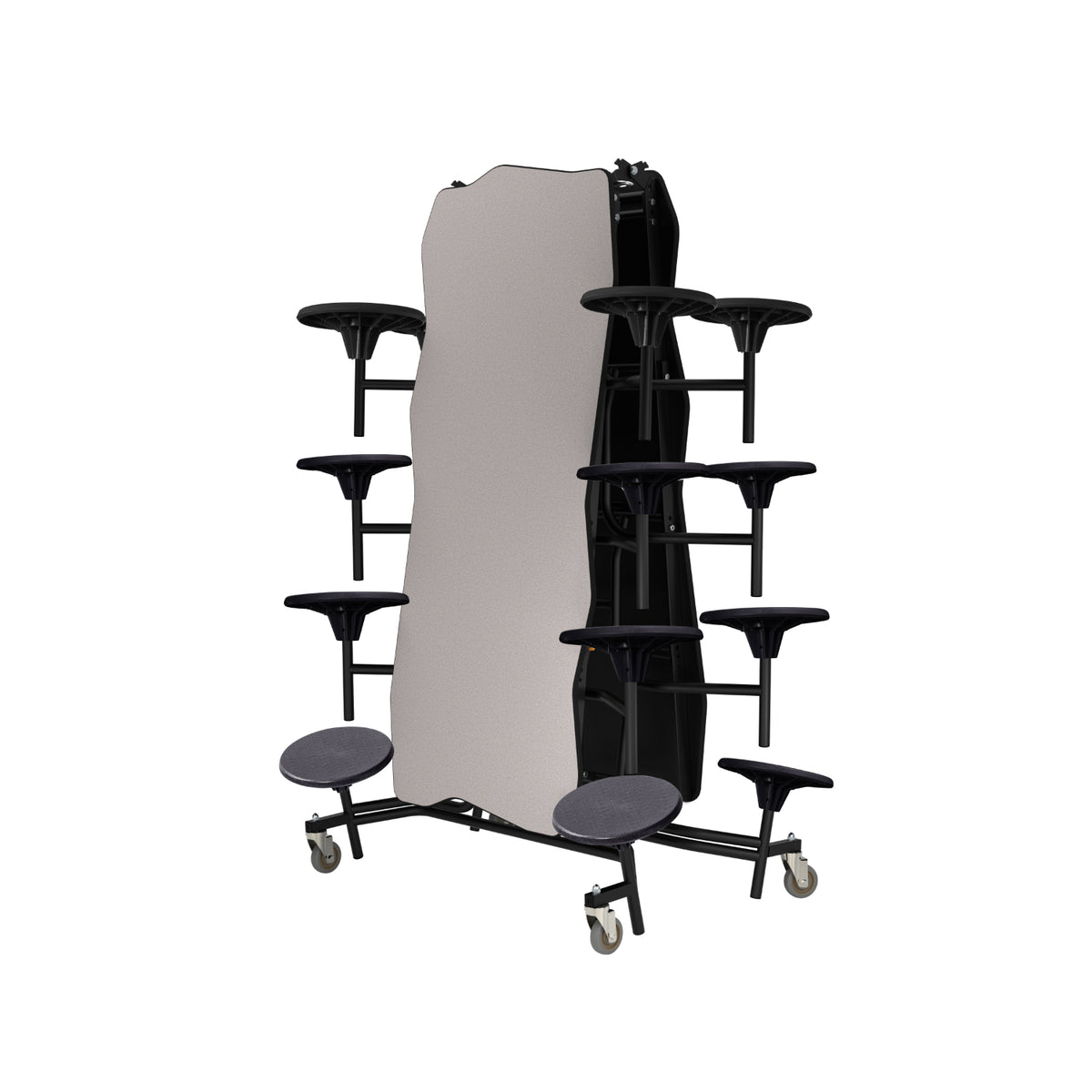 Mobile Cafeteria Table with 16 Stools, 12' Bedrock, MDF Core, Black ProtectEdge, Textured Black Frame