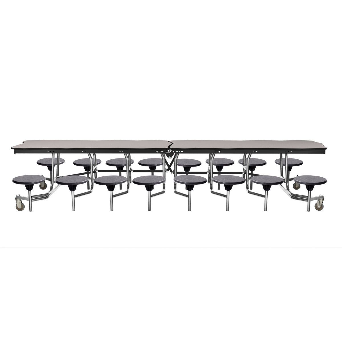 Mobile Cafeteria Table with 16 Stools, 12' Bedrock, Particleboard Core, Vinyl T-Mold Edge, Chrome Frame