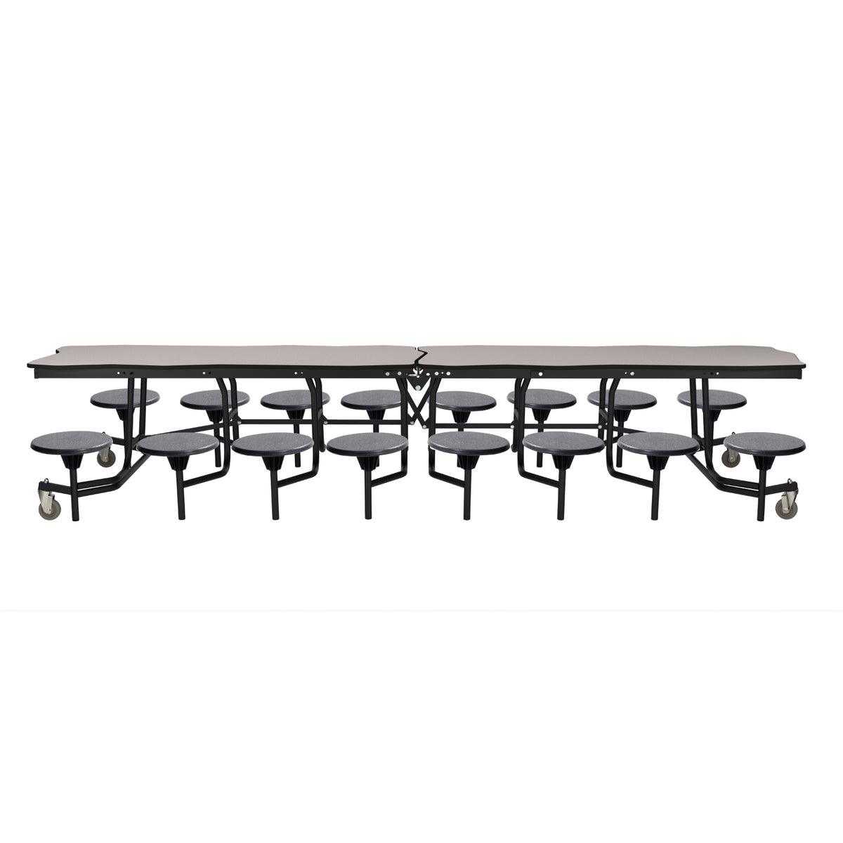 Mobile Cafeteria Table with 16 Stools, 12' Bedrock, Particleboard Core, Vinyl T-Mold Edge, Textured Black Frame