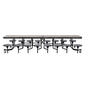 Mobile Cafeteria Table with 16 Stools, 12' Bedrock, Particleboard Core, Vinyl T-Mold Edge, Textured Black Frame