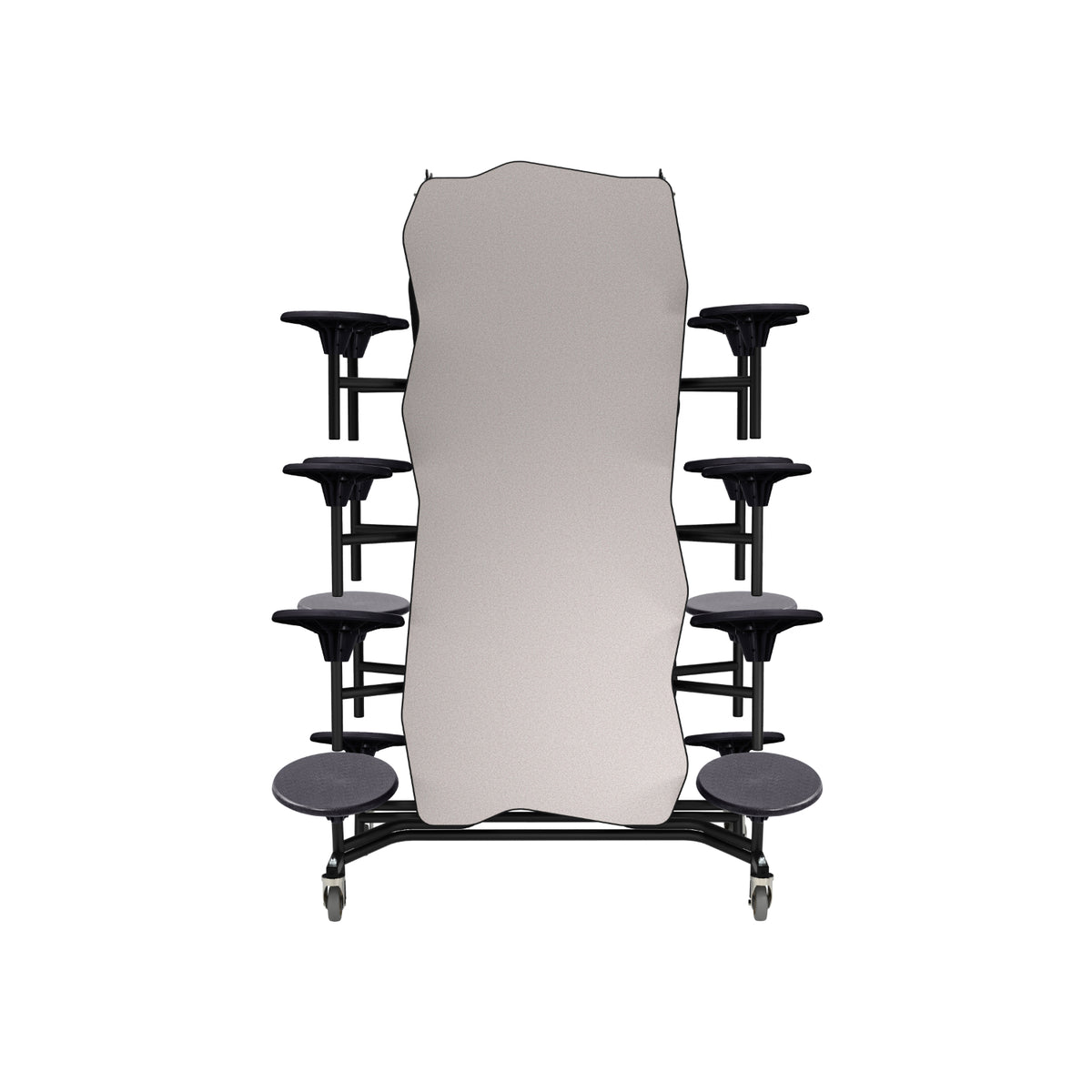 Mobile Cafeteria Table with 16 Stools, 12' Bedrock, Particleboard Core, Vinyl T-Mold Edge, Textured Black Frame