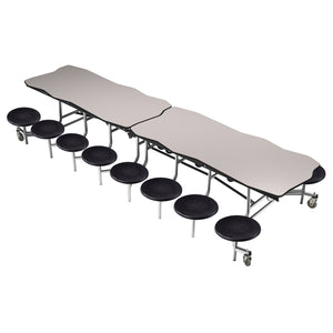 Mobile Cafeteria Table with 16 Stools, 12' Bedrock, Plywood Core, Vinyl T-Mold Edge, Chrome Frame
