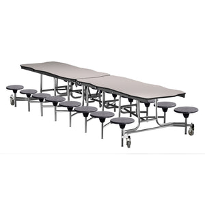 Mobile Cafeteria Table with 16 Stools, 12' Bedrock, Plywood Core, Vinyl T-Mold Edge, Chrome Frame