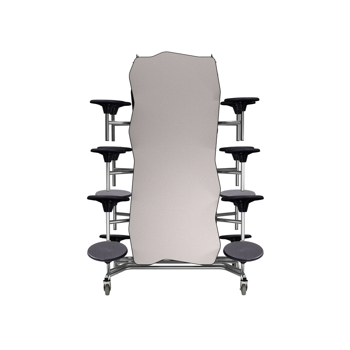 Mobile Cafeteria Table with 16 Stools, 12' Bedrock, Plywood Core, Vinyl T-Mold Edge, Chrome Frame