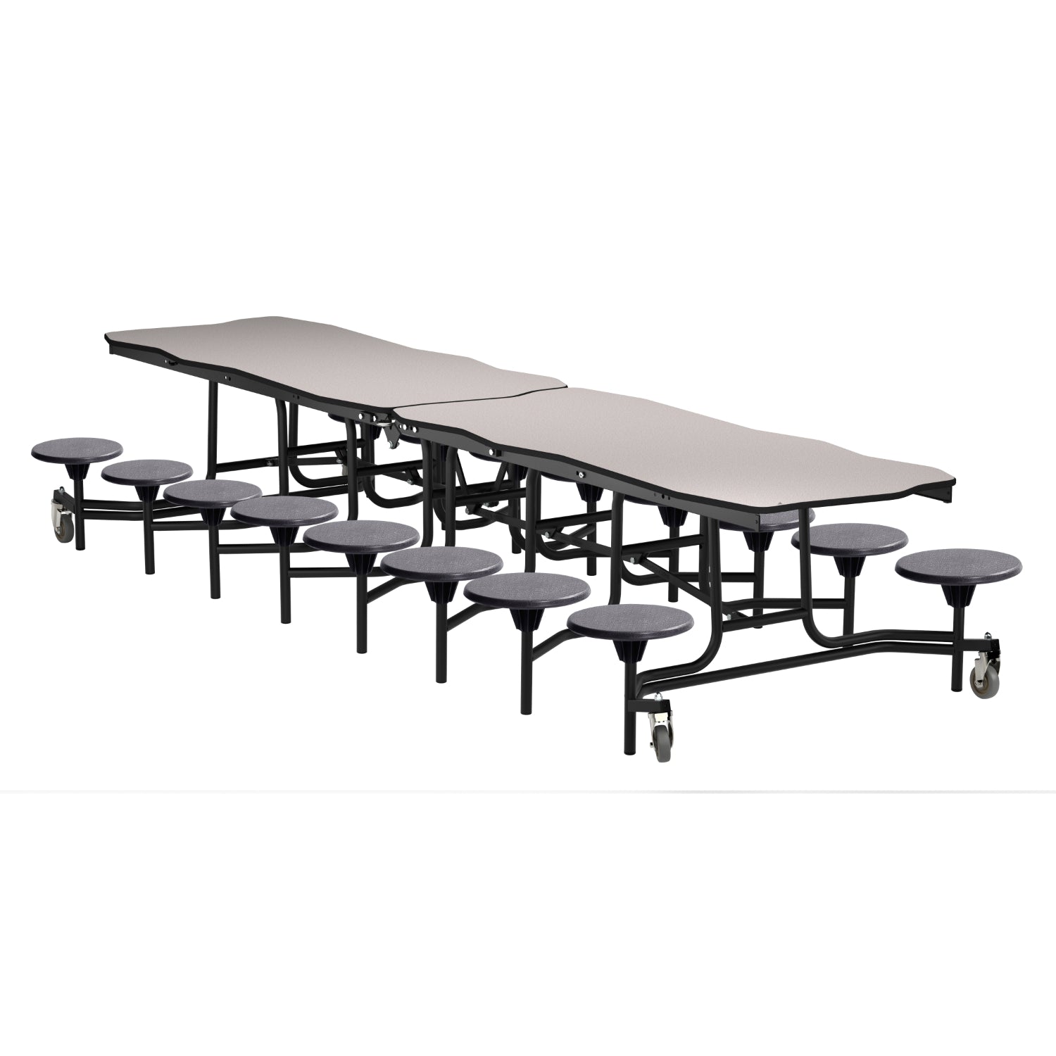 Mobile Cafeteria Table with 16 Stools, 12' Bedrock, Plywood Core, Vinyl T-Mold Edge, Textured Black Frame