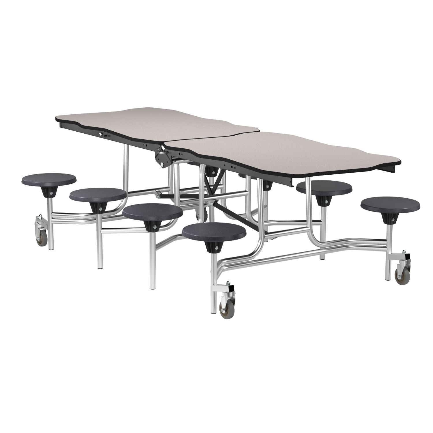 Mobile Cafeteria Table with 8 Stools, 8' Bedrock, MDF Core, Black ProtectEdge, Chrome Frame