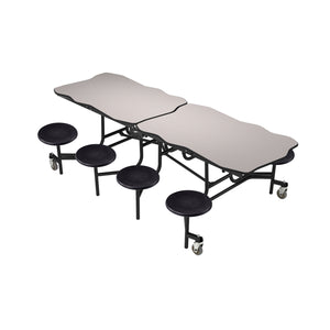 Mobile Cafeteria Table with 8 Stools, 8' Bedrock, MDF Core, Black ProtectEdge, Textured Black Frame