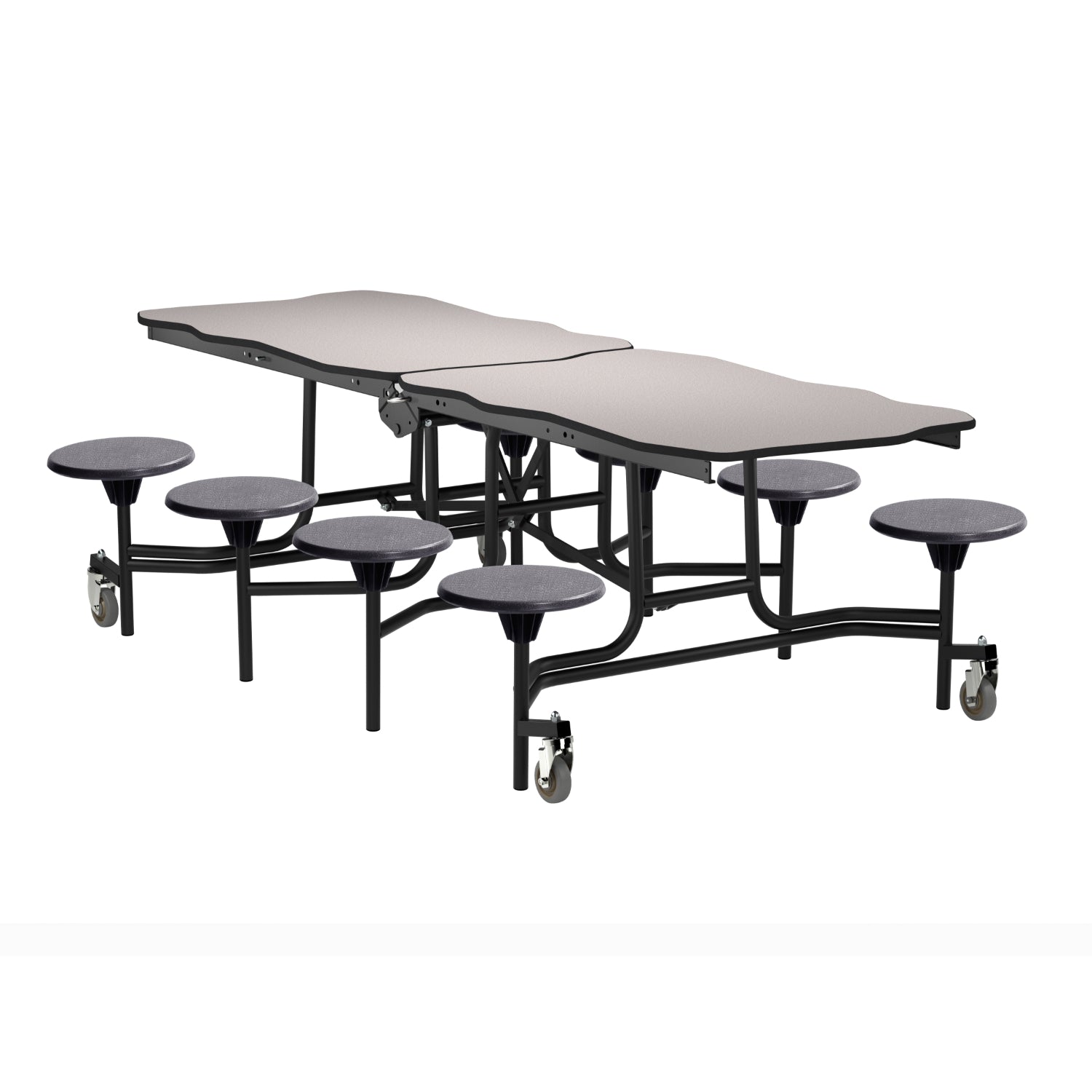 Mobile Cafeteria Table with 8 Stools, 8' Bedrock, MDF Core, Black ProtectEdge, Textured Black Frame