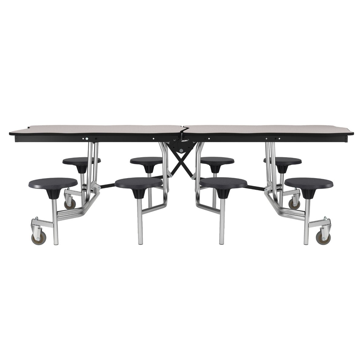 Mobile Cafeteria Table with 8 Stools, 8' Bedrock, Particleboard Core, Vinyl T-Mold Edge, Chrome Frame