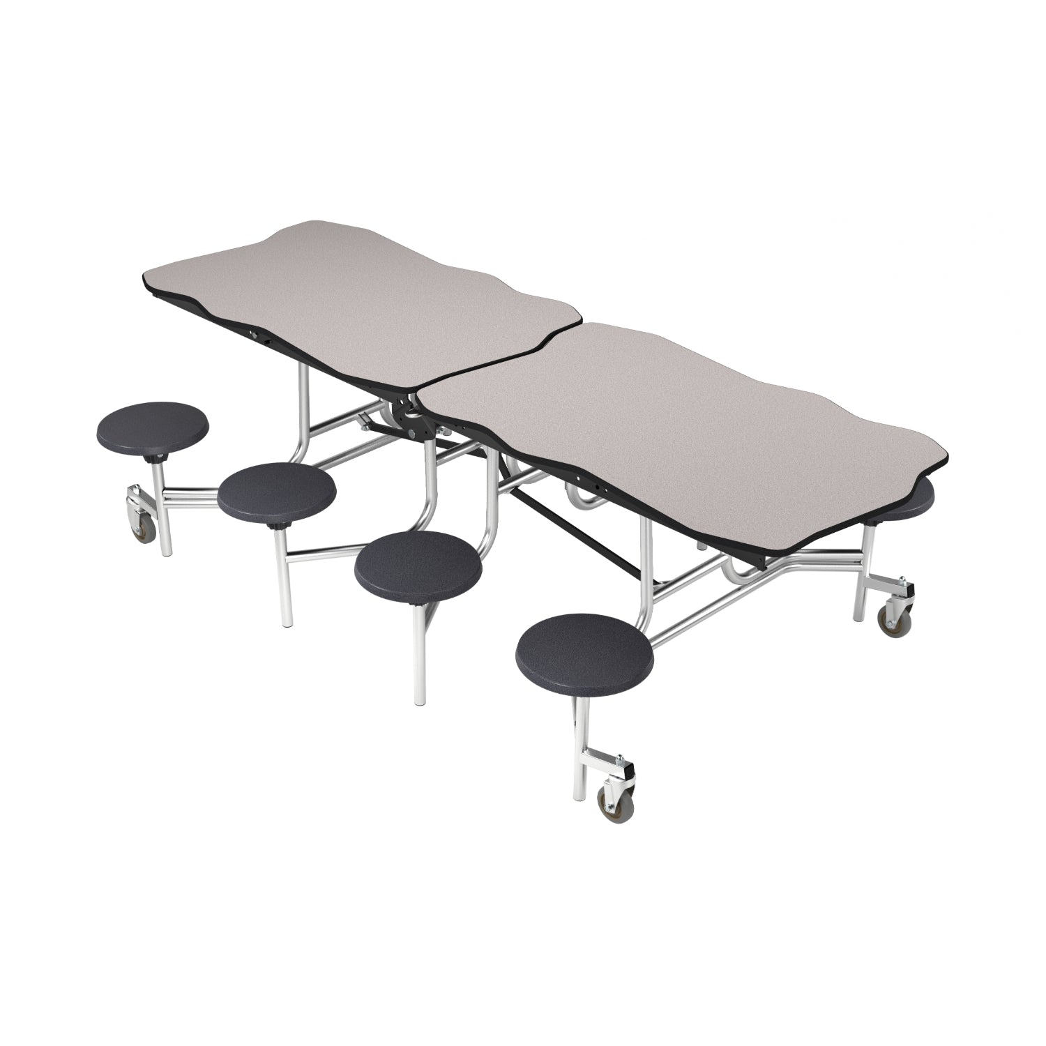 Mobile Cafeteria Table with 8 Stools, 8' Bedrock, Particleboard Core, Vinyl T-Mold Edge, Chrome Frame