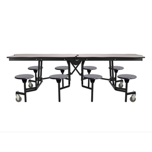 Mobile Cafeteria Table with 8 Stools, 8' Bedrock, Particleboard Core, Vinyl T-Mold Edge, Textured Black Frame