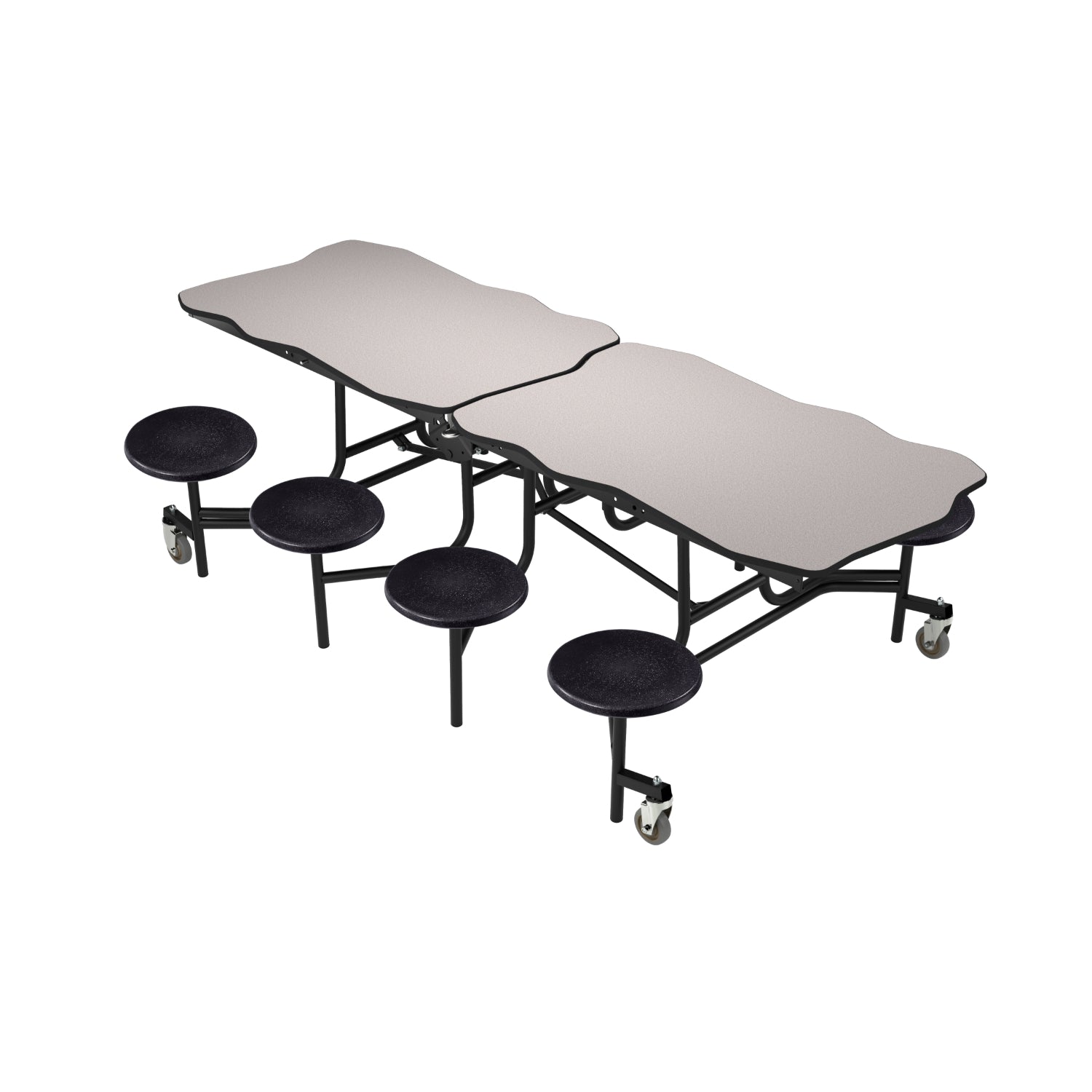 Mobile Cafeteria Table with 8 Stools, 8' Bedrock, Particleboard Core, Vinyl T-Mold Edge, Textured Black Frame