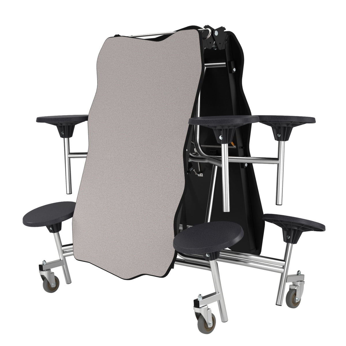Mobile Cafeteria Table with 8 Stools, 8' Bedrock, Plywood Core, Vinyl T-Mold Edge, Chrome Frame