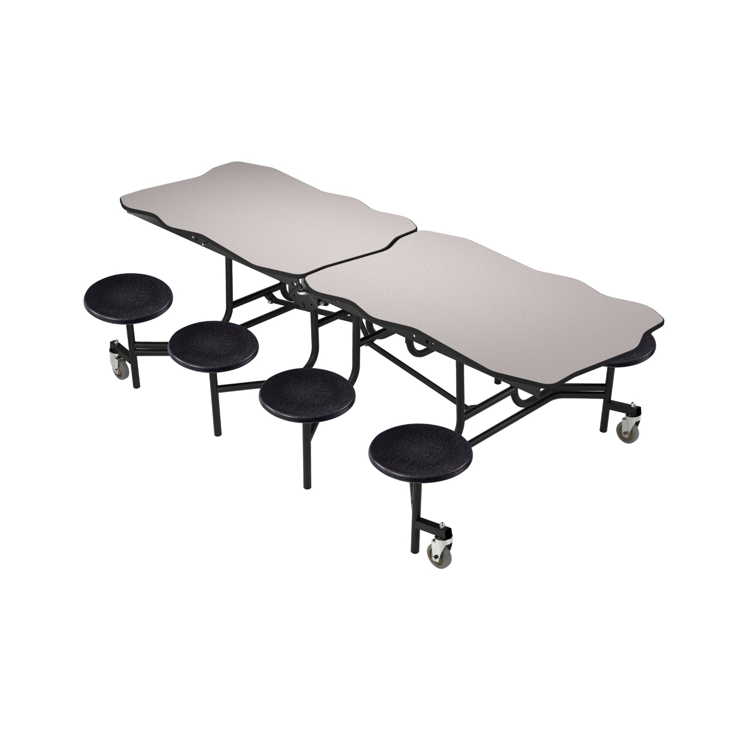 Mobile Cafeteria Table with 8 Stools, 8' Bedrock, Plywood Core, Vinyl T-Mold Edge, Textured Black Frame